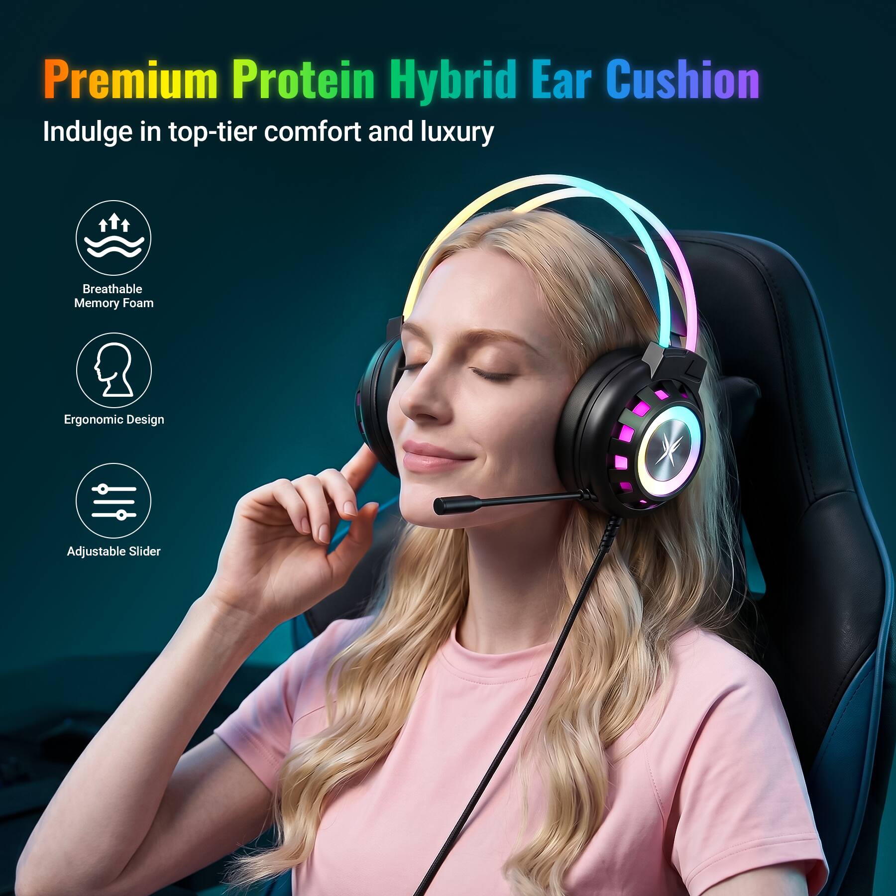 Premium Protein Hybrid Ear Cushion  
Indulge in top-tier comfort and luxury

- Breathable Memory Foam
- Ergonomic Design
- Adjustable Slider