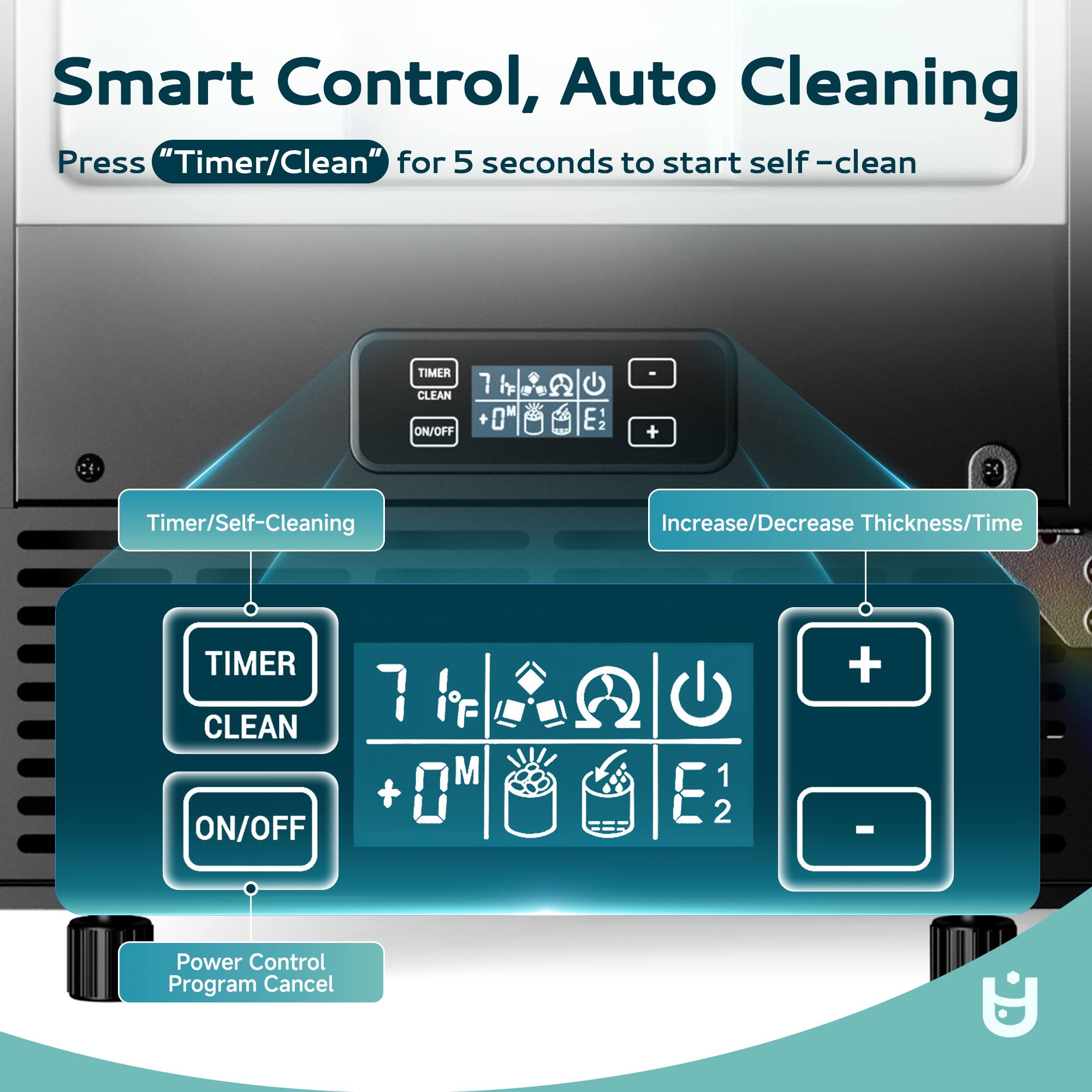 Smart Control, Auto Cleaning  
Press "Timer/Clean" for 5 seconds to start self-clean  

TIMER CLEAN ON/OFF  
7 hE + 0 G E 2 - +  

Timer/Self-Cleaning  
Increase/Decrease Thickness/Time  

Power Control Program Cancel