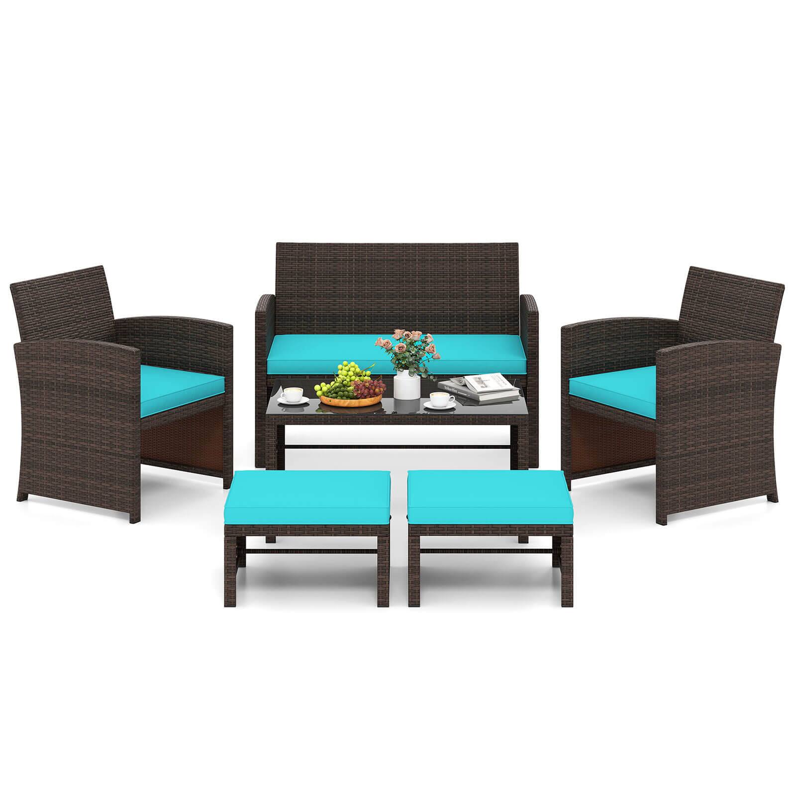 Alt View 5. Gymax - Gymax 6 PCS Patio Furniture Set w/ 1 Loveseat 1 Coffee Table 2 Armchairs 2 Ottomans Turquoise - Mix Brown, Turquoise.