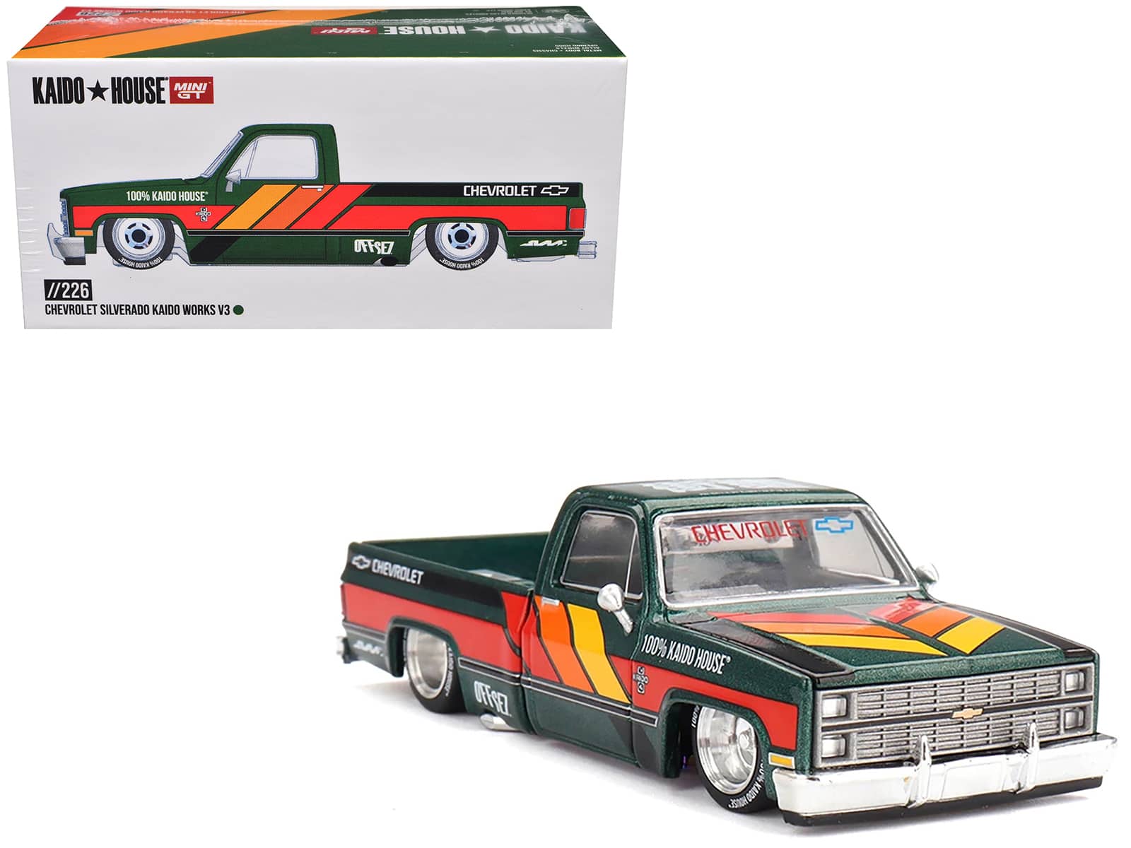 Chevrolet Silverado Kaido Works V3 w/ Graphics Jun Imai Kaido House Special 1/64 Mini GT - Dark Green Metallic