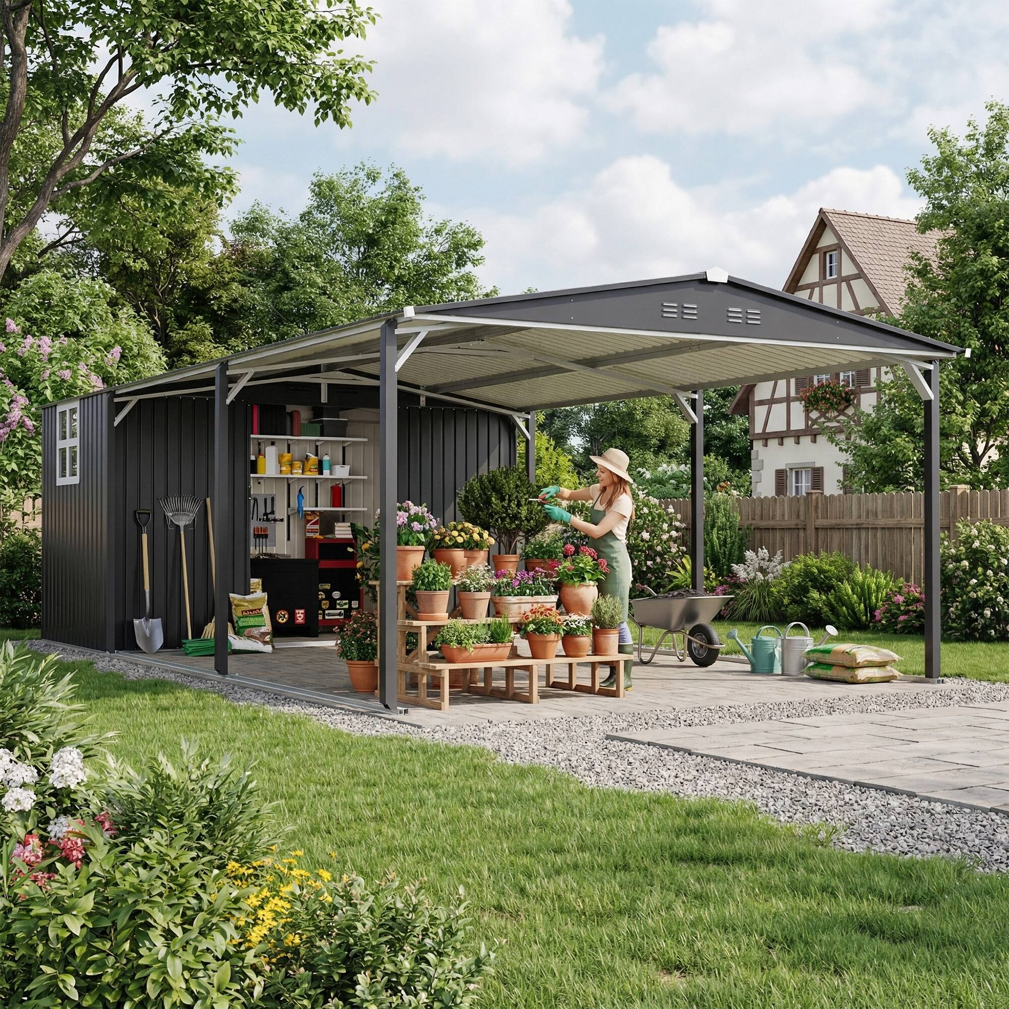 Left. Anysun - 12x23 FT Metal Carport Storage Shed, Heavy Duty Steel Garage with Sliding Door, UV Panel & Waterproof Sloped Roof - Gray.