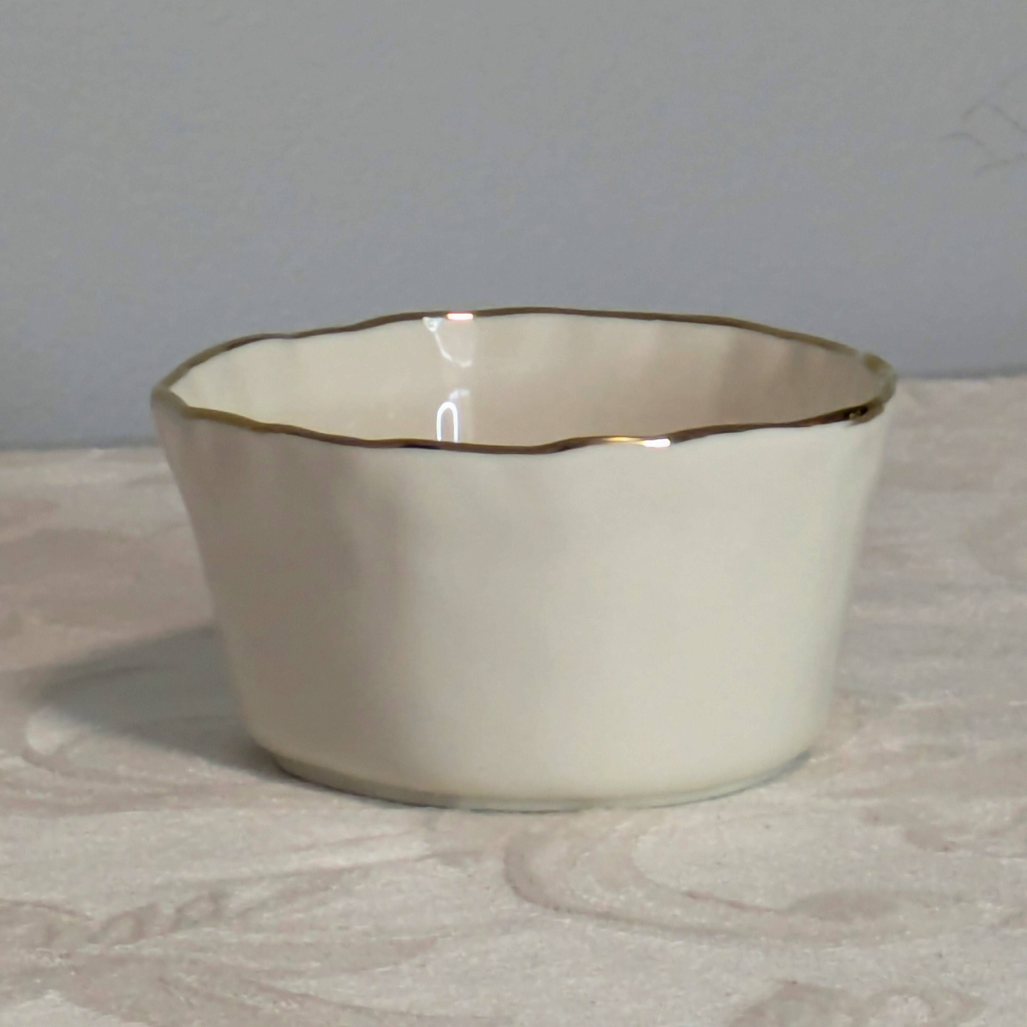 Left. Jiallo - 4" Simplicity Collection White Porcelain Gold Trim Freestyle Round Snack Bowl - White.