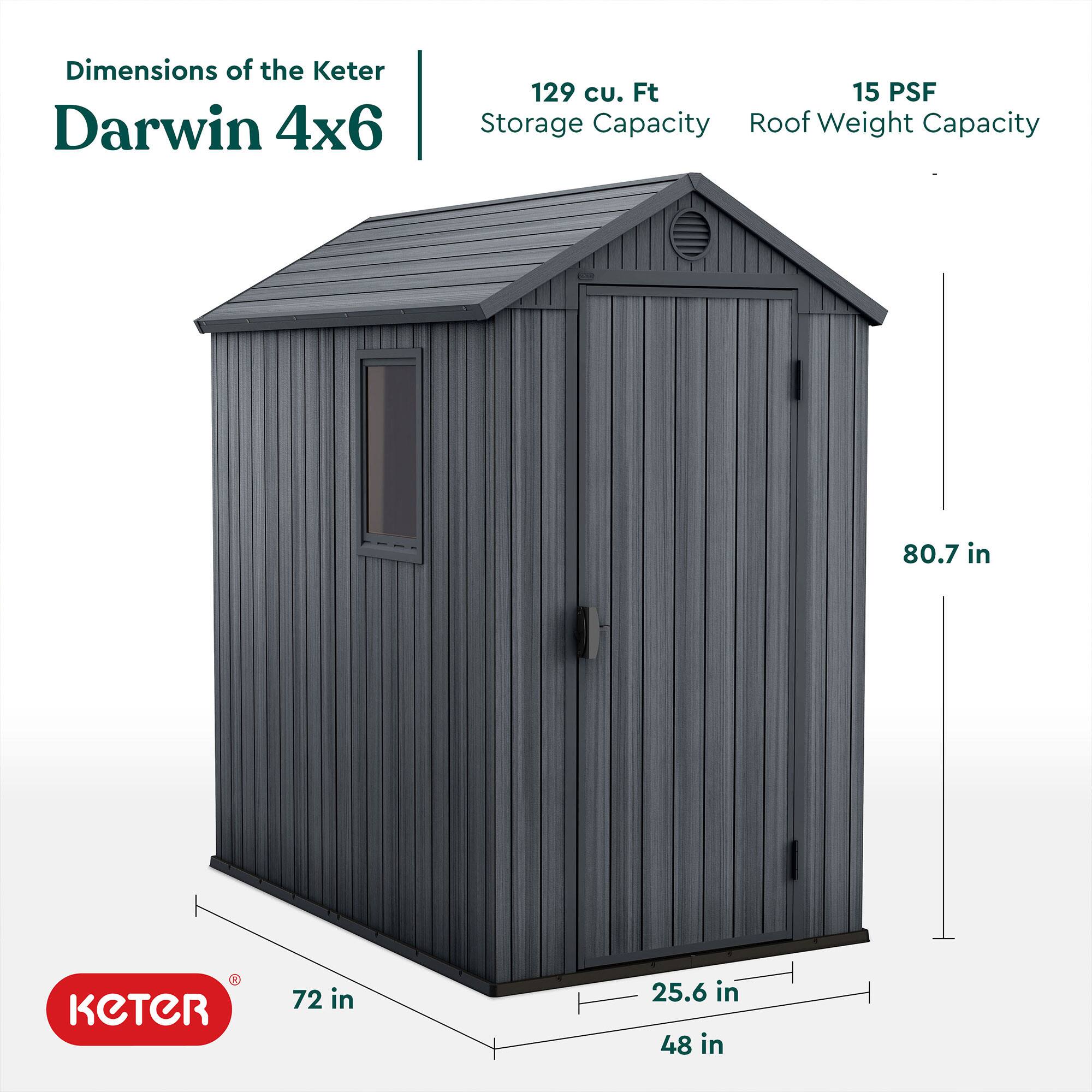 Dimensions of the Keter Darwin 4x6

- Storage Capacity: 129 cu. Ft
- Roof Weight Capacity: 15 PSF

Dimensions:
- Length: 72 in
- Width: 48 in
- Height: 80.7 in
- Door Height: 25.6 in
