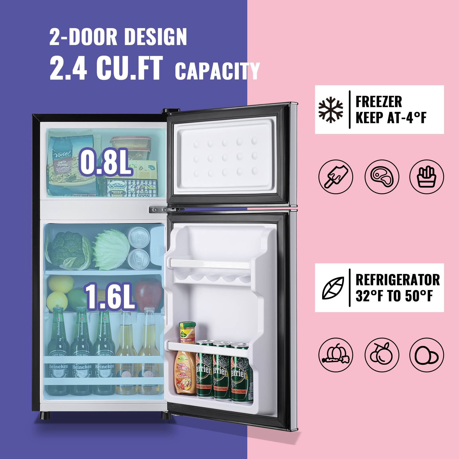 2-DOOR DESIGN  
2.4 CU.FT CAPACITY  

FREEZER  
KEEP AT -4°F  

REFRIGERATOR  
32°F TO 50°F