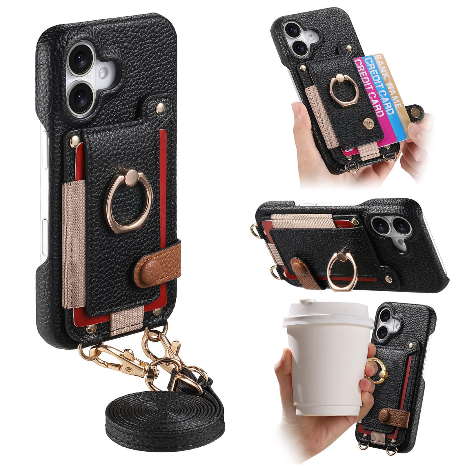 Dteck - Lychee Texture Wallet Case for Apple iPhone 16 with Metal Ring Kickstand,Crossbody Faux Leather Cover with Card Holder - Black