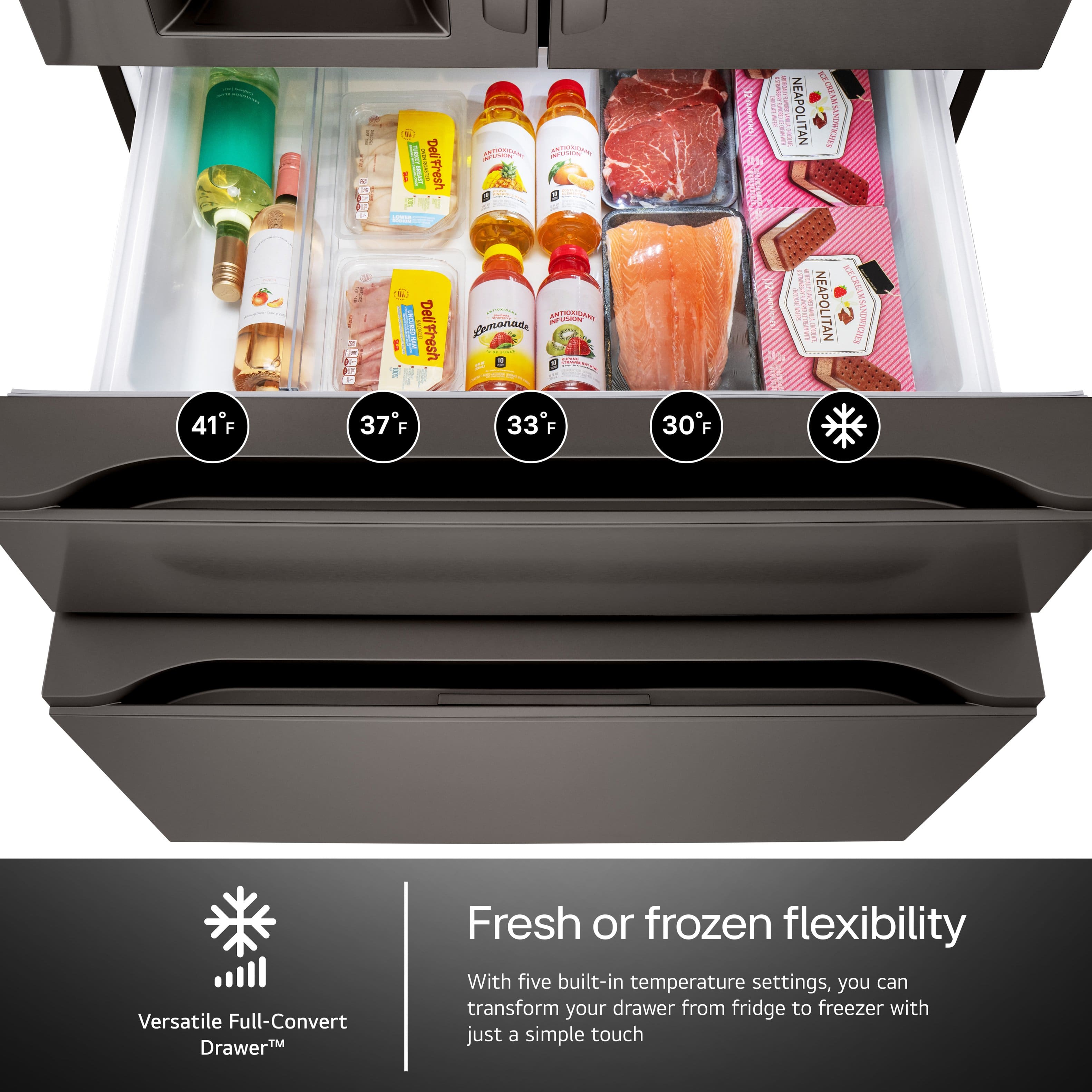 Versatile Full-Convert DrawerTM Fresh or frozen flexibility With five built-in temperature settings, you can transform your drawer from fridge to freezer with just a simple touch.