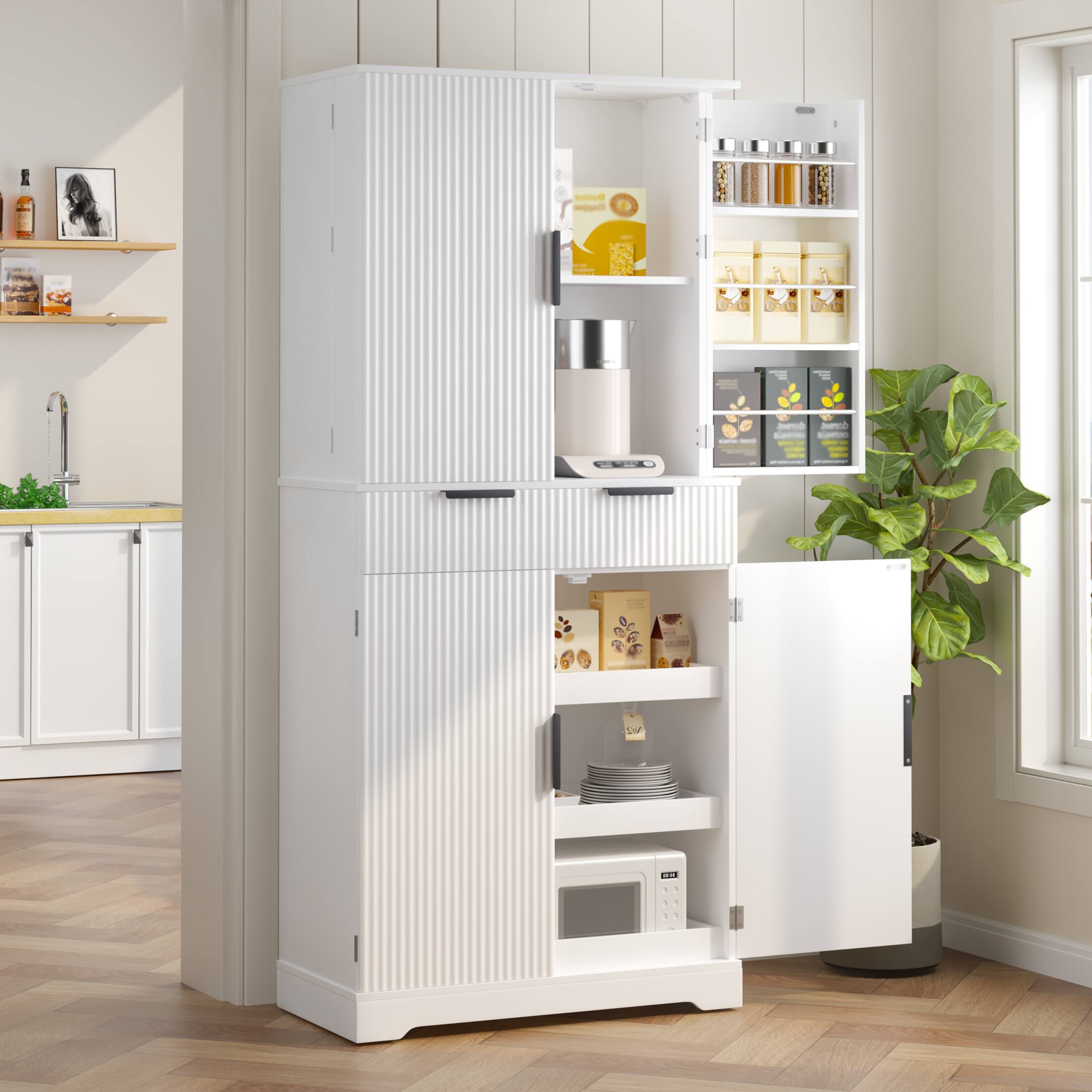 Left. Dexmalle - Dexmalle-72" Fluted Freestanding Kitchen Storage Cabinet with Adjustable Shelves-White - White.