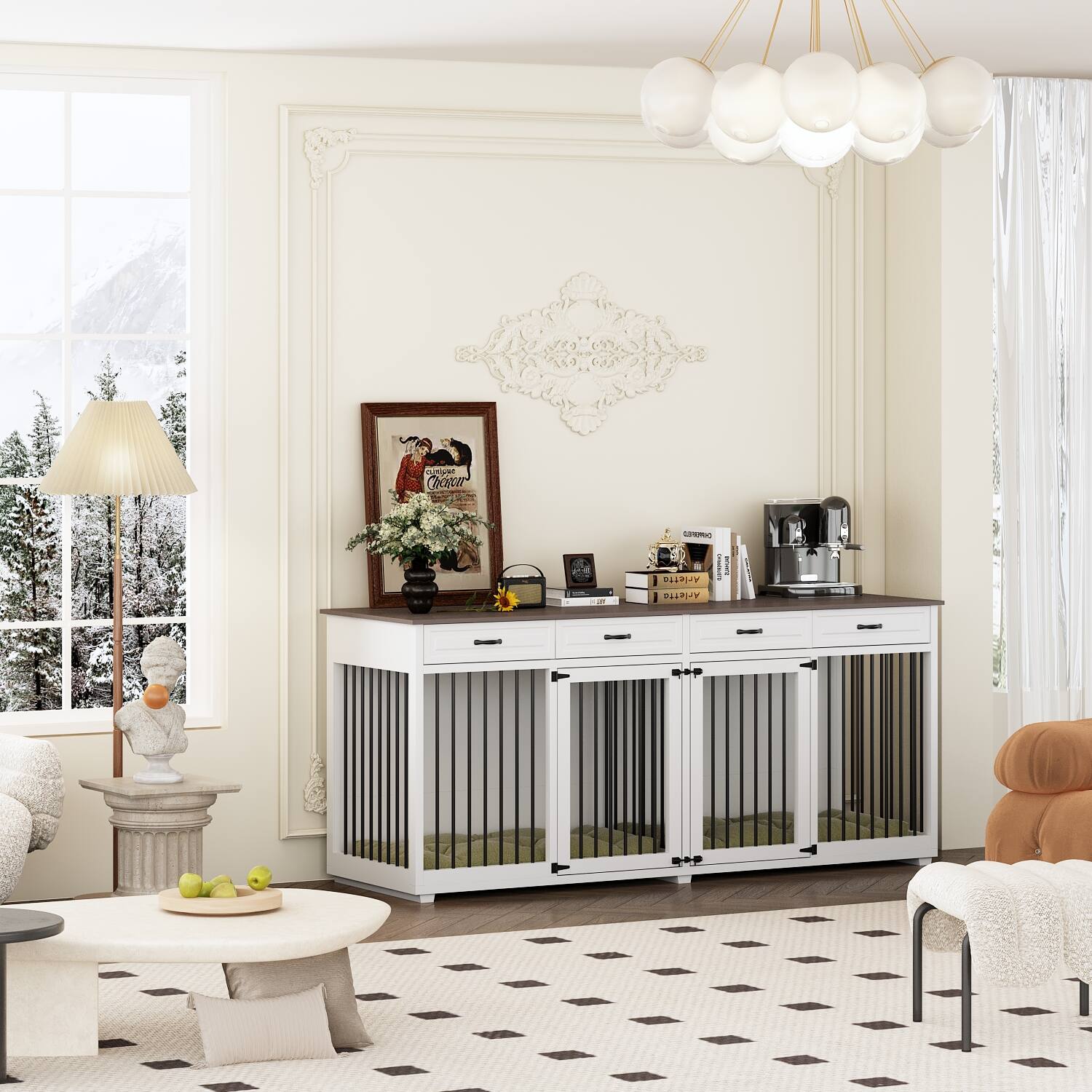 Alt View 7. Famapy - Extra Large Dog Crate Furniture for 2 Dogs with Divider & 4 Drawers Double Dog Kennel TV Stand, Stylish Indoor Pet Cage.