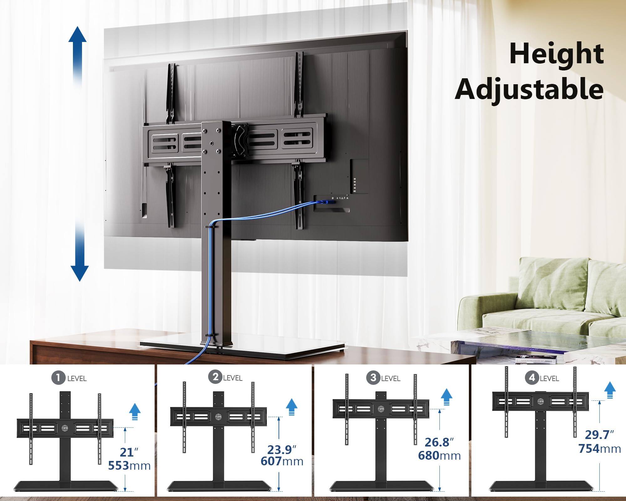Height Adjustable

1 LEVEL  
21" 553mm

2 LEVEL  
23.9" 607mm

3 LEVEL  
26.8" 680mm

4 LEVEL  
29.7" 754mm