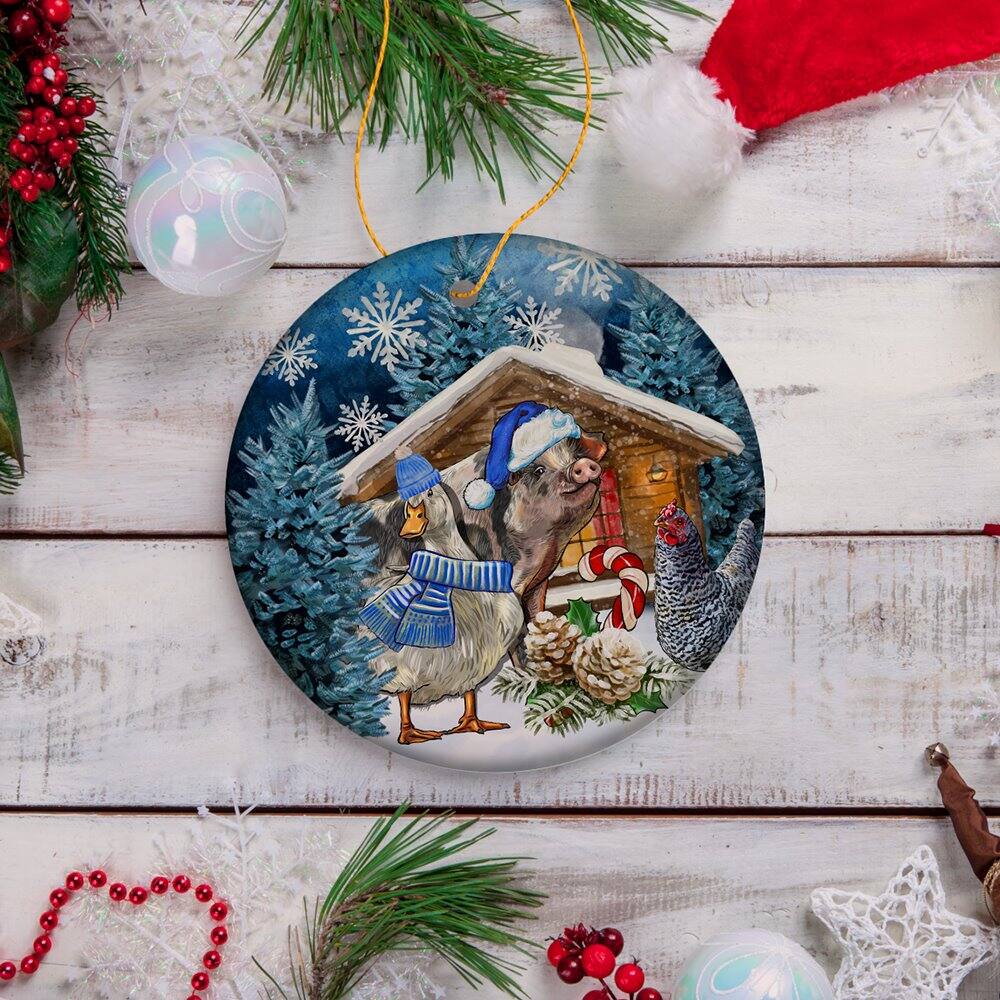 Back. OrnamentallyYou - Charming Winter Farm Cabin and Animals Ceramic Christmas Ornament Duck Pig and Chicken - Multi-colored.