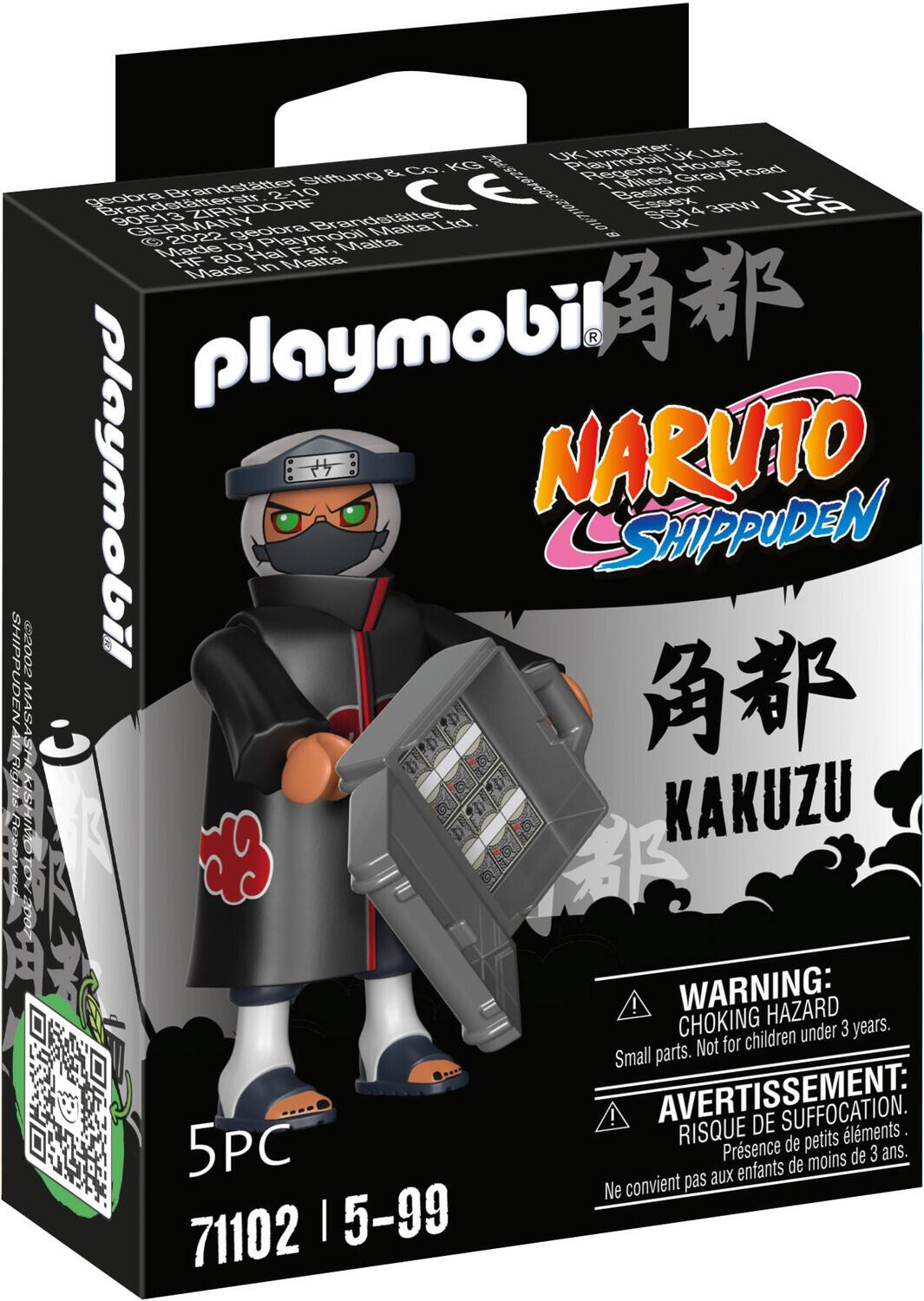 The text on the image can be grouped and corrected as follows:

**Product Information:**
- Brand: Playmobil
- Series: Naruto Shippuden
- Character: Kakuzu
- Item Number: 71102
- Age Recommendation: 5-99 years
- Warning: Choking Hazard - Small parts. Not for children under 3 years.

**Manufacturing Details:**
- Made by: Playmobil
- Manufacturer: Geobra Brandstätter
- Address: Regency House Road, Basildon, Essex, Gray, UK
- Importer: UKL & Co KG, Germany
- Made in: Malta

**Additional Information:**
- Playmobil logo and QR code present on the packaging.