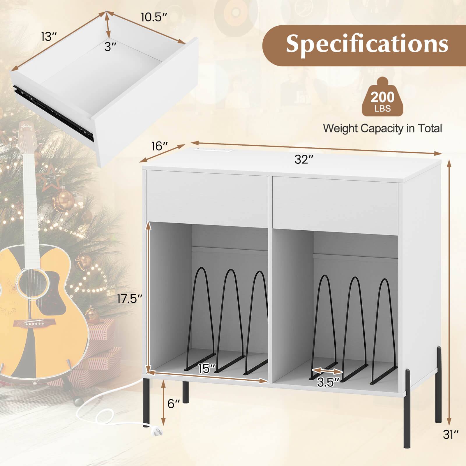 Specifications

- Weight Capacity in Total: 200 LBS

Dimensions:
- Overall Height: 31"
- Overall Width: 32"
- Overall Depth: 16"
- Top Shelf: 13" (Width) x 10.5" (Depth)
- Top Shelf Height: 3"
- Guitar Shelf: 17.5" (Width) x 15" (Depth)
- Guitar Shelf Height: 6"
- Bottom Shelf: 3.5" (Depth)