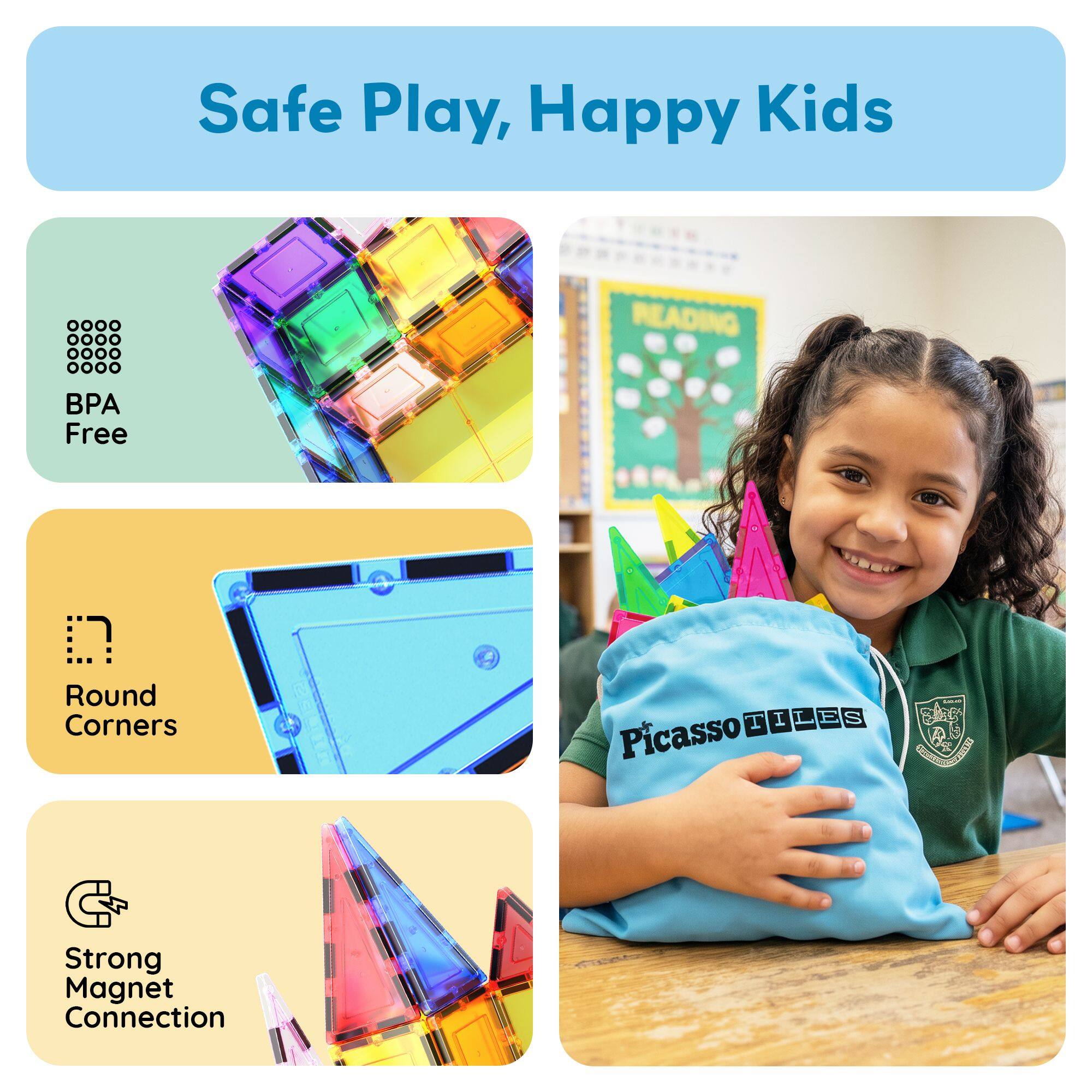Safe Play, Happy Kids

BPA Free

Round Corners

Strong Magnet Connection