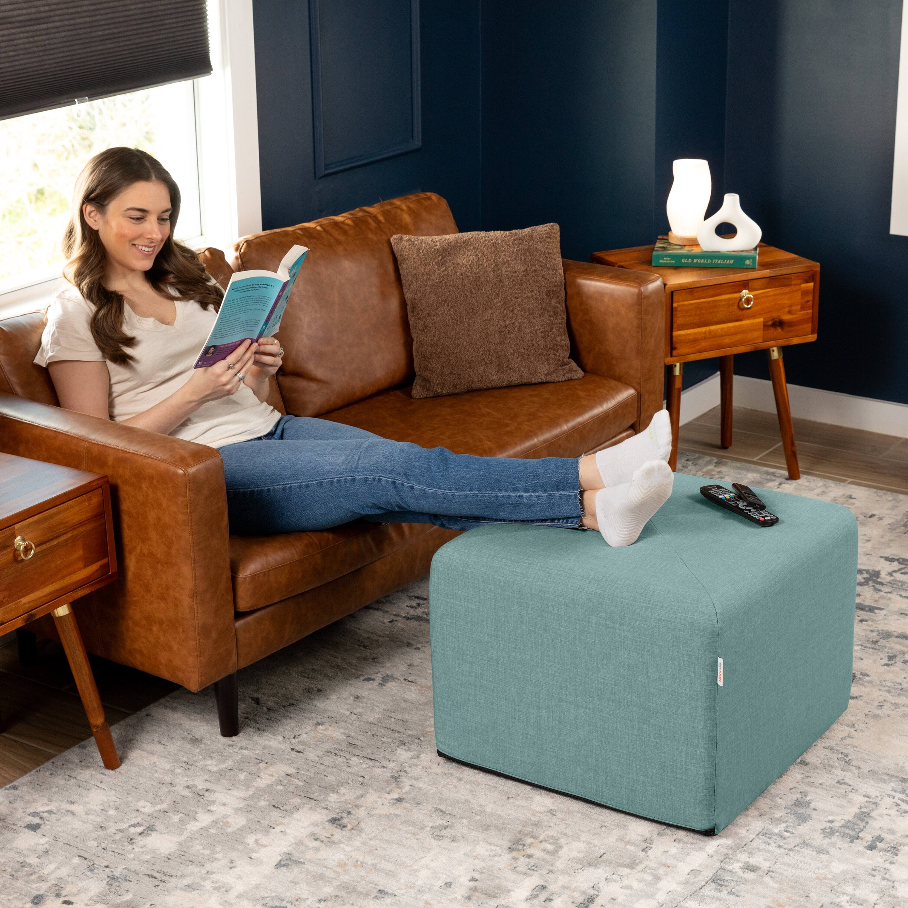 Alt View 1. Jaxx - Jaxx Monroe Square Foam Ottoman with Stain Resistant Performance Fabric, Large (24 x 24 x 18), Lagoon - Lagoon.