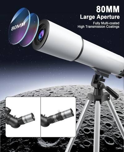 Télescope 80/500 Pour Débutants – Ouverture 80 Mm, Trépied, Adaptateur Smartphone, Sac à Dos, Autocollants – Enfant & Adulte