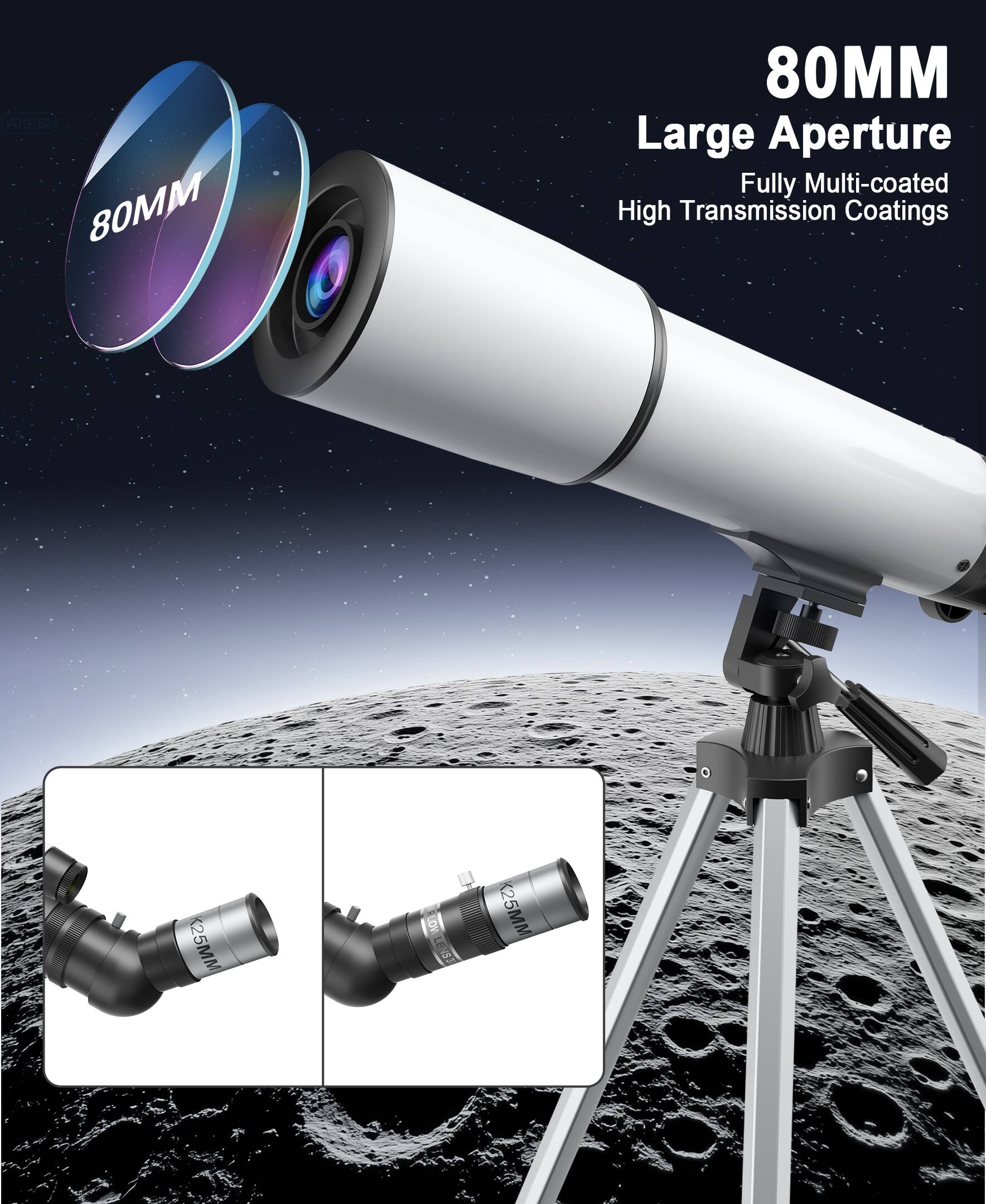 80MM  
Large Aperture  
Fully Multi-coated  
High Transmission Coatings  

25MM  
25MM