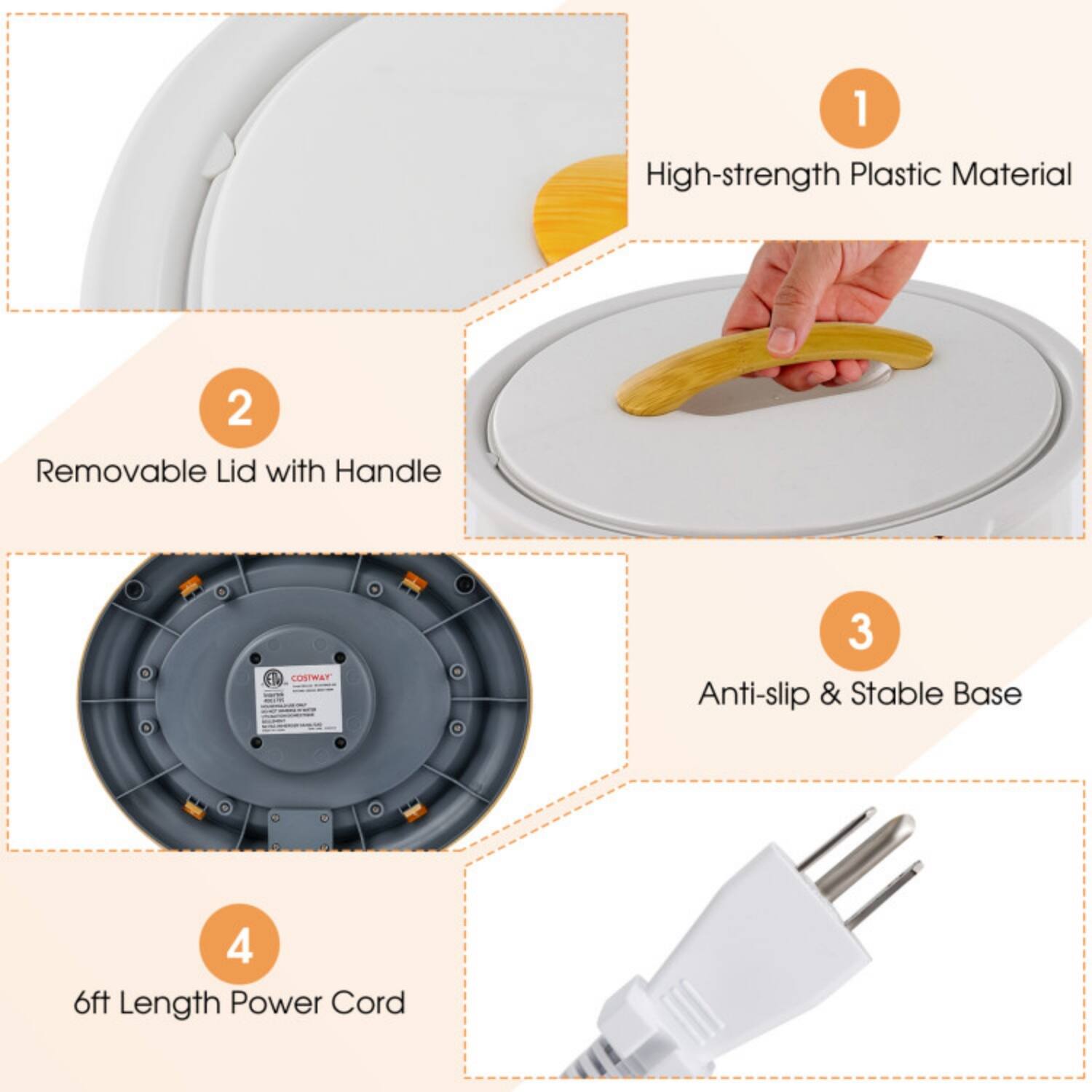 1. High-strength Plastic Material  
2. Removable Lid with Handle  
3. Anti-slip & Stable Base  
4. 6ft Length Power Cord