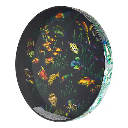 Front. Remo - 22" Fish Graphic Ocean Drum with Acousticon Shell and Clear Mylar Drumhead.