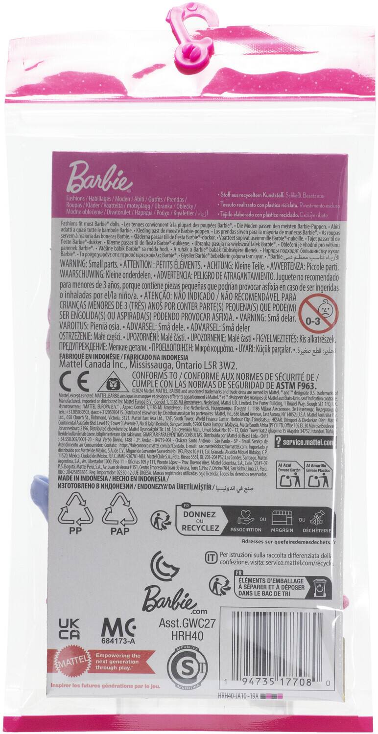 Barbie reciclable Kunststoff Schhelt Fashions Habillages Moden Prendas Roupas Vaatteita moteplagg Ubranka Oblecky realizzato plastica ricielata. Rivestimento Modne oblecenie Pouya Kryafetler elaborado reciclado. Tejido plstico Excluye Fashions conviennent poupes Kleding Kldema Vaatteet useimmille dukkene wiekszol panenek tobbsgre

WARNING: Small parts. ATTENTION PETITS LMENTS. ACHTUNG: Kleine Teile. AVVERTENZA: Piccole parti. WAARSCHUWING: Kleine onderdelen. ADVERTENCIA: PELIGRO ATRAGANTAMIENTO. Juguete recomendado menores aos, porque contiene piezas pequeas podrian provocar asfixia ingeridas inhaladas el/la nio/a. ATENO: NO INDICADO NO RCOMENDVEL PARA CRIANAS MENORES (TRES) ANOS CONTER PARTE(S) PEQUENA(S) QUE PODE(M) ENGOLIDA(S) ASPIR