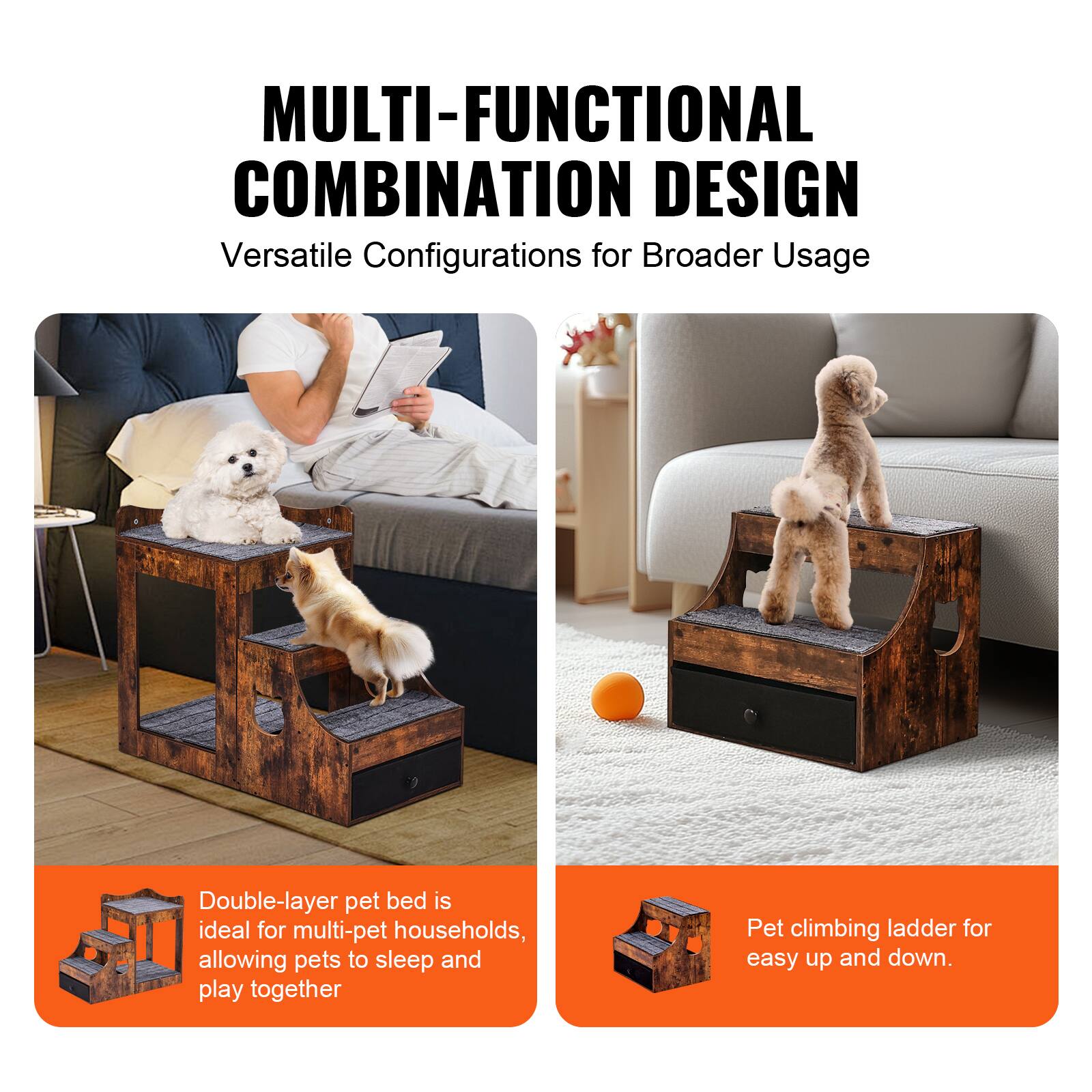 MULTI-FUNCTIONAL COMBINATION DESIGN  
Versatile Configurations for Broader Usage  

Double-layer pet bed is ideal for multi-pet households, allowing pets to sleep and play together  

Pet climbing ladder for easy up and down.