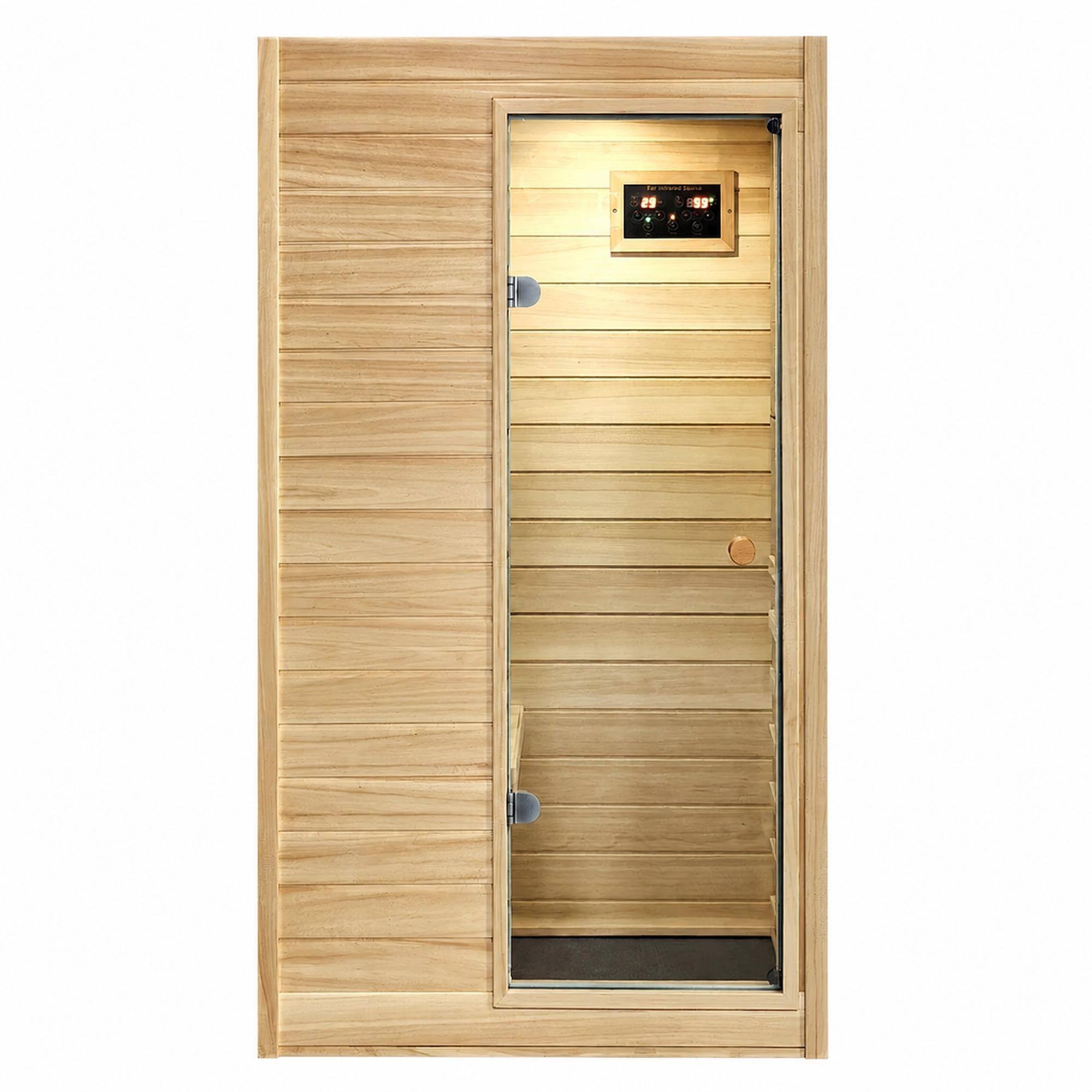 Front. RYHNUYNE - Far Infrared Sauna Room, 36.61 x 29.33 x 62.99 in, European Aspen Wood, 5 Heating Panels, 905W, Bluetooth Speaker - Natural Wood.