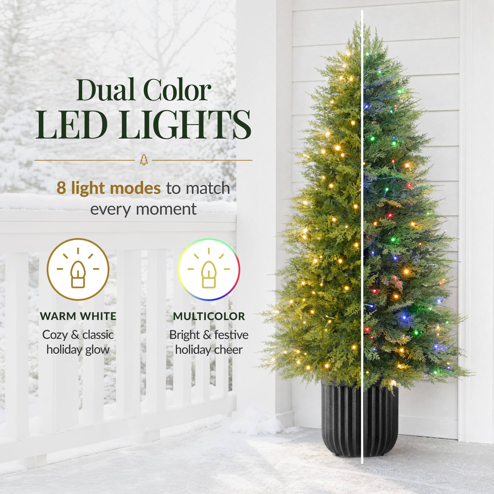 Dual Color LED LIGHTS  
8 light modes to match every moment  
WARM WHITE Cozy & classic holiday glow  
MULTICOLOR Bright & festive holiday cheer