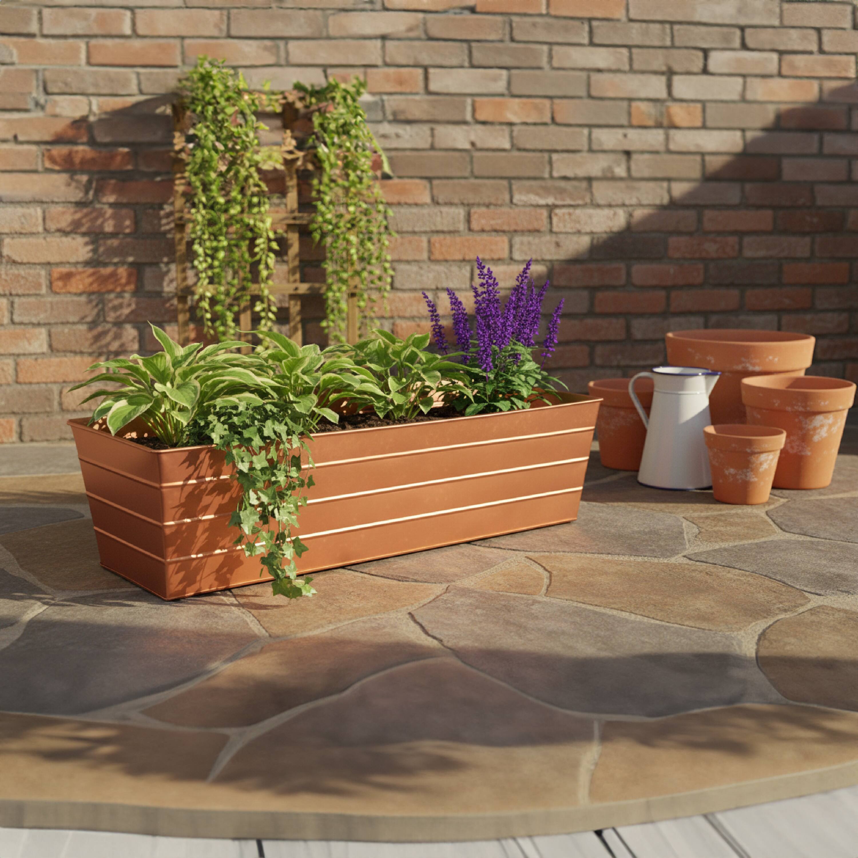 Alt View 6. Manhattan Lane - Rectangular Metal Flower Planter Box with Embossed Line Design, Large - Copper.