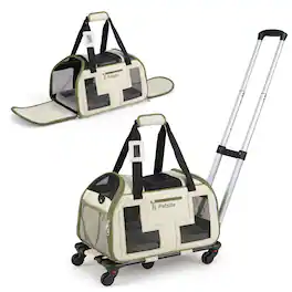 Costway - Rolling Pet Carrier with Wheels Padded Carry Handle Telescopic Handle Safety Leash - Beige + Black + Green