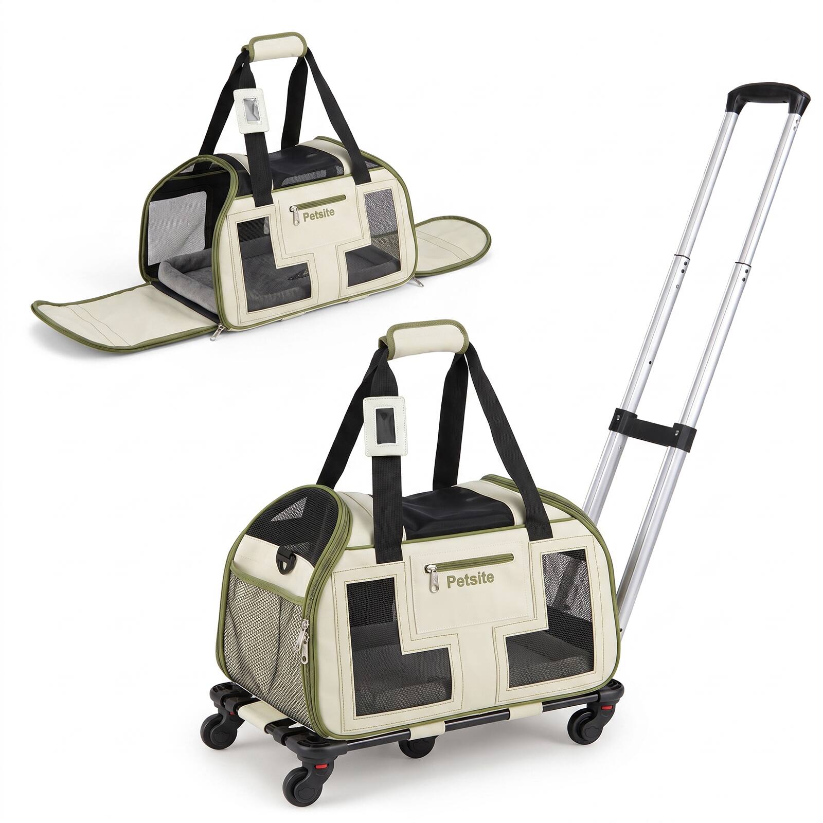 Costway - Rolling Pet Carrier with Wheels Padded Carry Handle Telescopic Handle Safety Leash - Beige + Black + Green