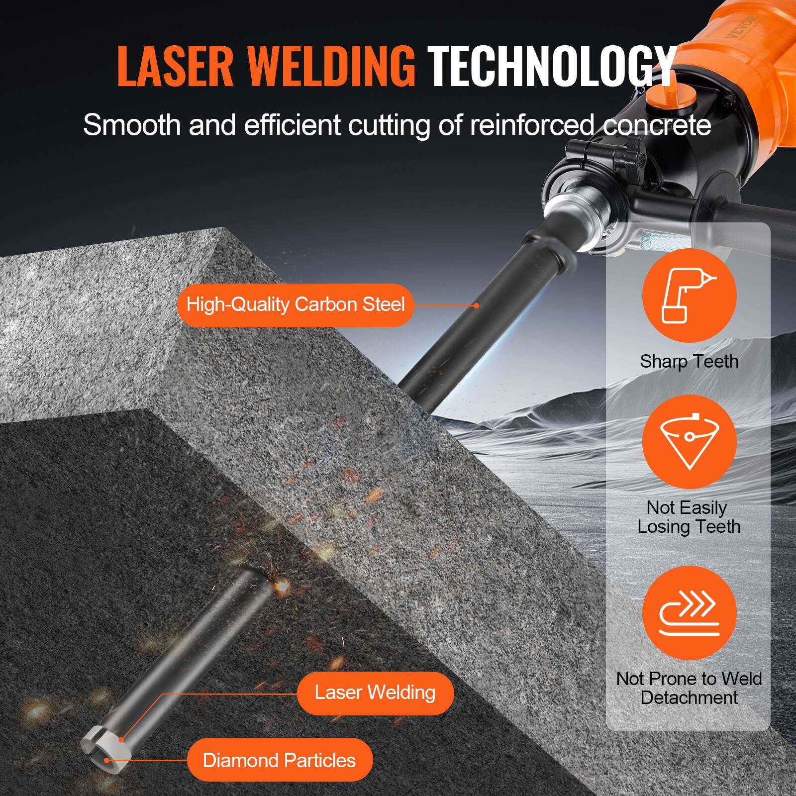 LASER WELDING TECHNOLOGY  
Smooth and efficient cutting of reinforced concrete  

- High-Quality Carbon Steel  
- Sharp Teeth  
- Not Easily Losing Teeth  
- Laser Welding  
- Diamond Particles  
- Not Prone to Weld Detachment