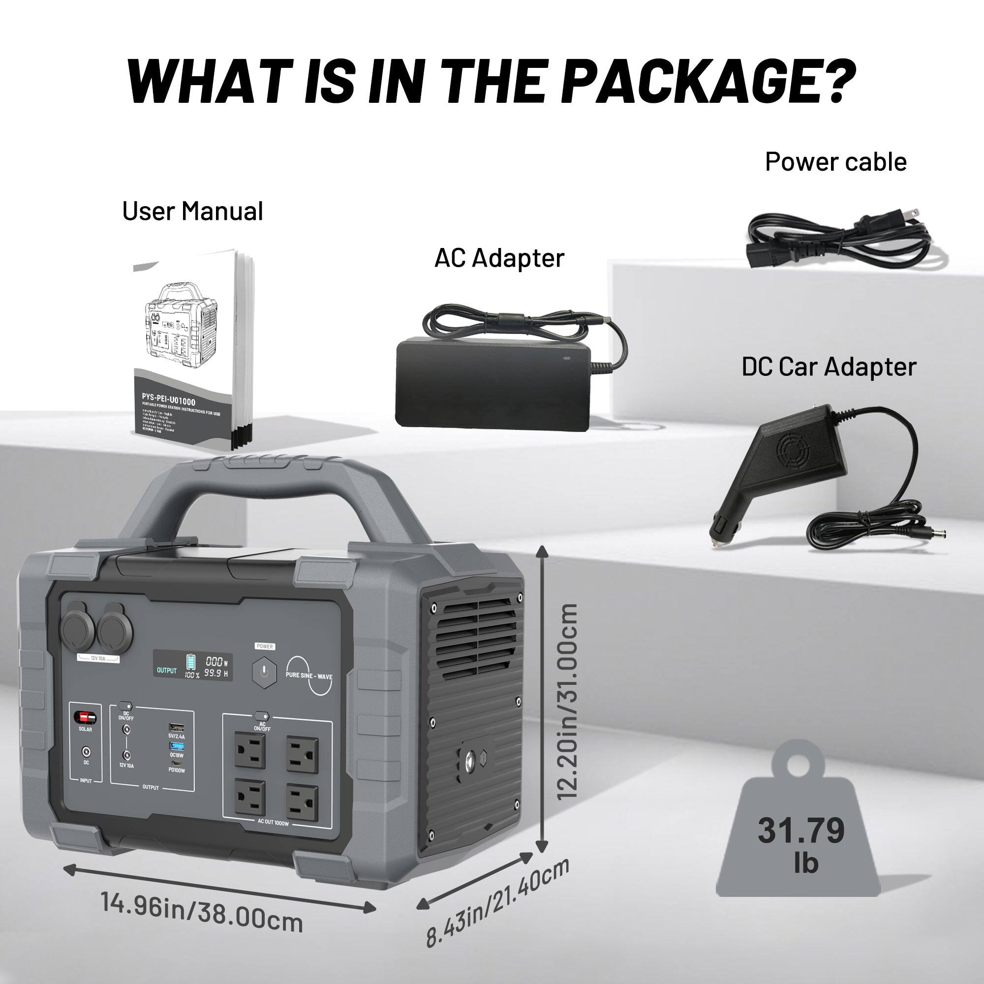 WHAT IS IN THE PACKAGE?

- Power cable
- User Manual
- AC Adapter
- DC Car Adapter

Dimensions:
- 12.20in/31.00cm
- 14.96in/38.00cm
- 8.43in/21.40cm

Weight: 31.79 lb