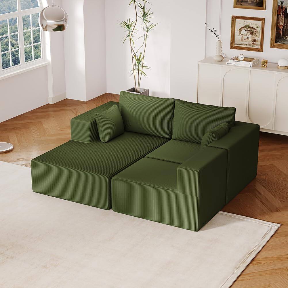 Alt View 4. Trinkets Crazed - 108.3in Sectional Foam Couch, Corduroy Fabric L Shape Sofa with Chaise Lounge - green.