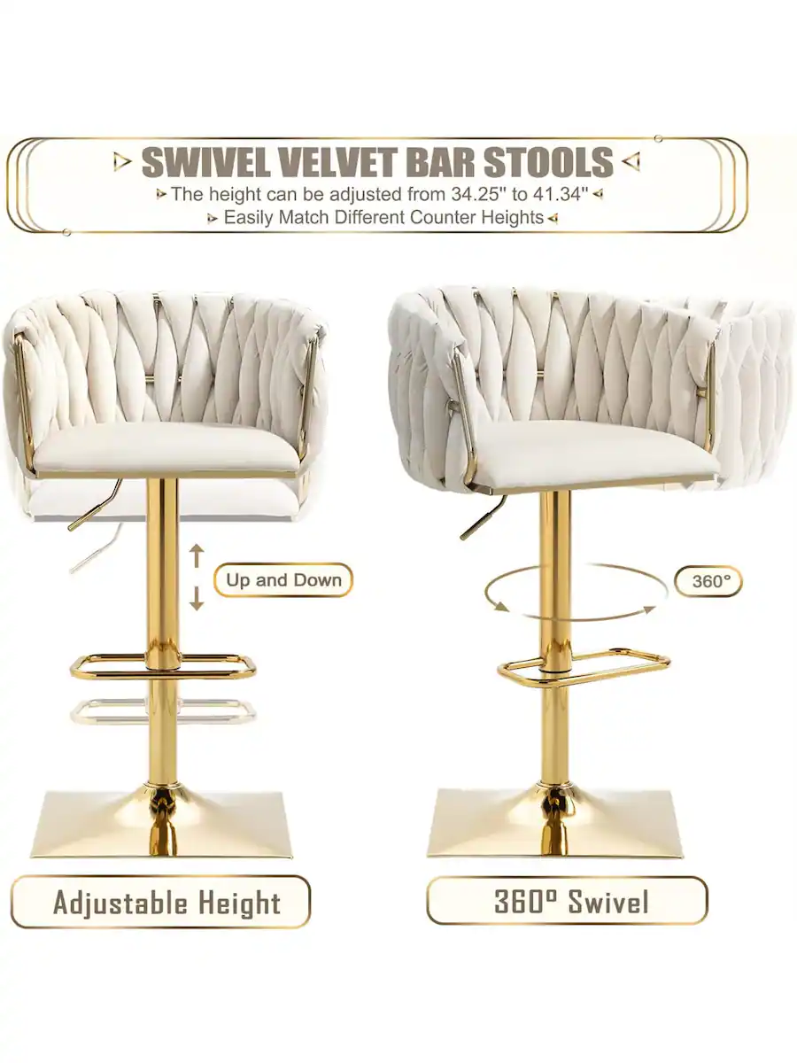 Trinkets Crazed Swivel Velvet Bar Stool Set Of 2, Adjustable Comfy ...