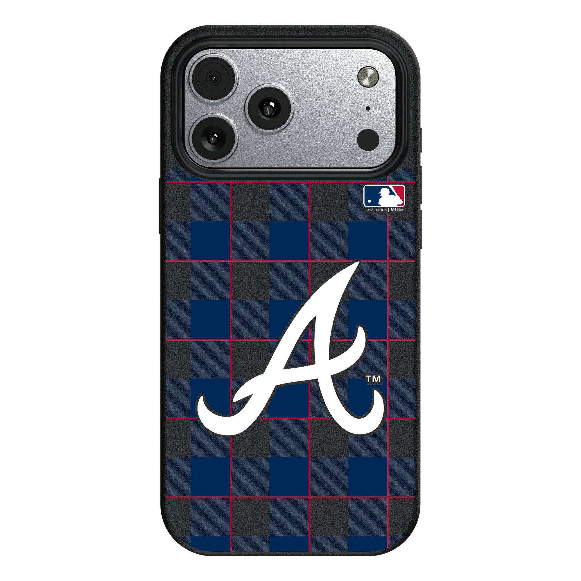 Front. Keyscaper - Atlanta Braves Plaid Magnetic Bump iPhone Case - 15 Pro - Black.