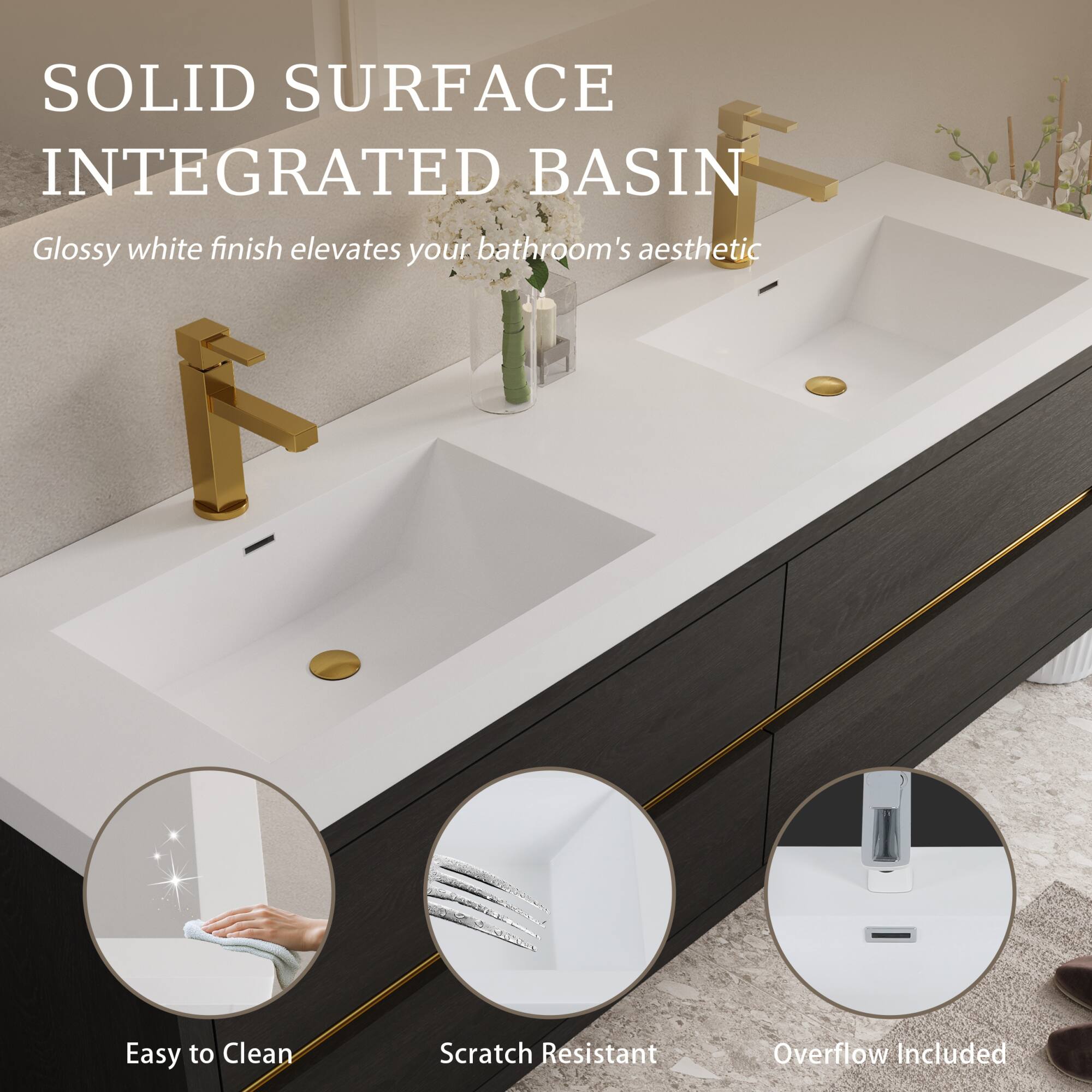SOLID SURFACE INTEGRATED BASIN

Glossy white finish elevates your bathroom's aesthetic

- Easy to Clean
- Scratch Resistant
- Overflow Included