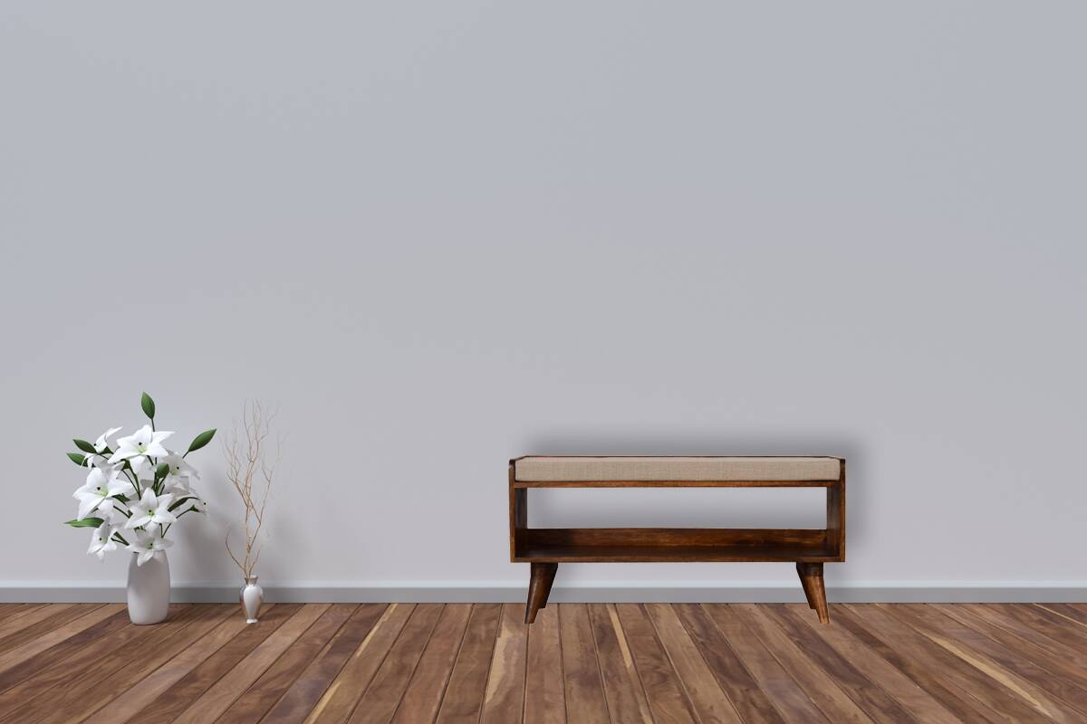 Alt View 7. Artisan Furniture - Artisan Furniture Solid Wood Mud Linen Nordic Storage Bench, Upholstered, 1 Open Slot, Brown & White - Brown & White.