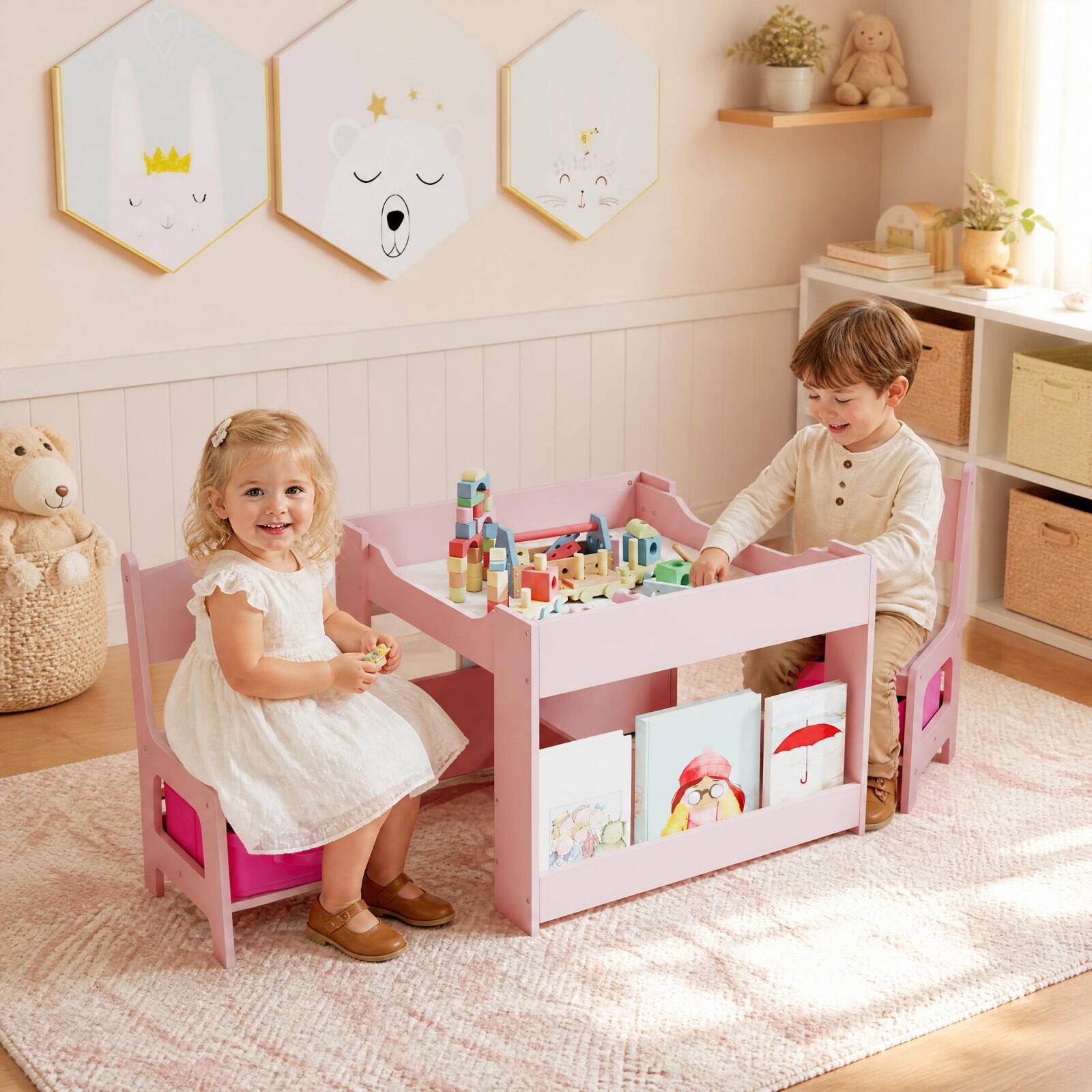 Alt View 3. Costway - Costway 4-in-1 Kids Table & Chair Set Toddler Wooden Activity Table with Side Bookshelves - Pink.