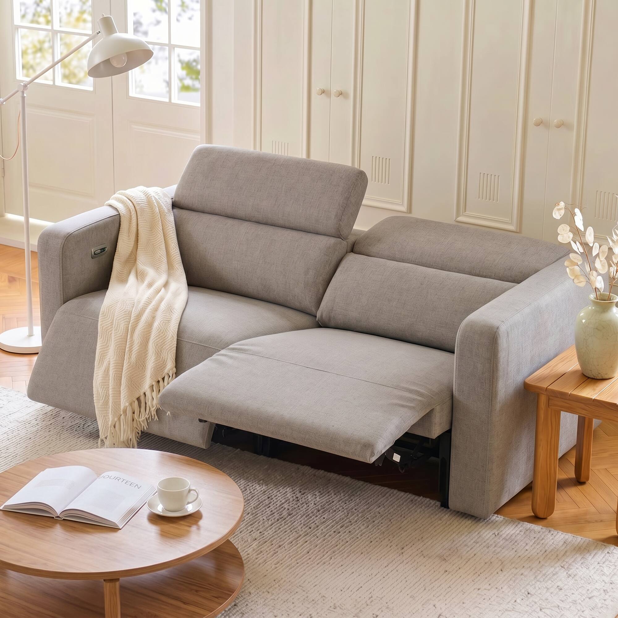 Front. KERDOM - 72 inch Widen Electric Loveseat Recliner with Footrest, 2 Seat Fabric Sofa Couch with Charge Port, Independent Reclining - Fabric - Grey.