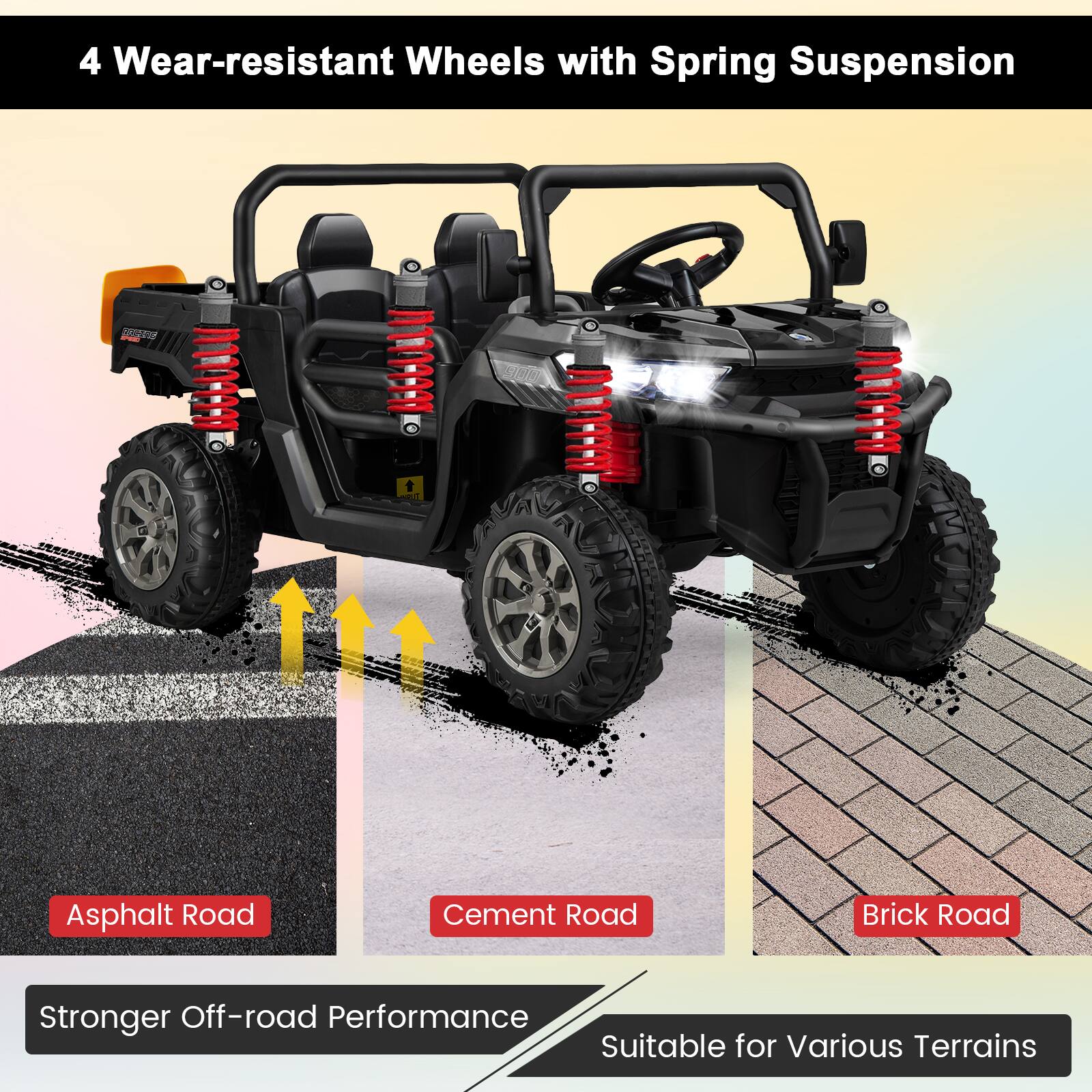 4 Wear-resistant Wheels with Spring Suspension

Asphalt Road  
Cement Road  
Brick Road  

Stronger Off-road Performance  
Suitable for Various Terrains