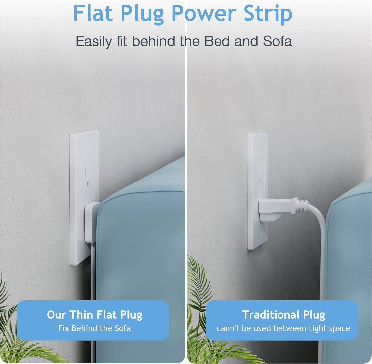 Flat Plug Power Strip  
Easily fit behind the Bed and Sofa  

Our Thin Flat Plug  
Fix Behind the Sofa  

Traditional Plug  
can't be used between tight space
