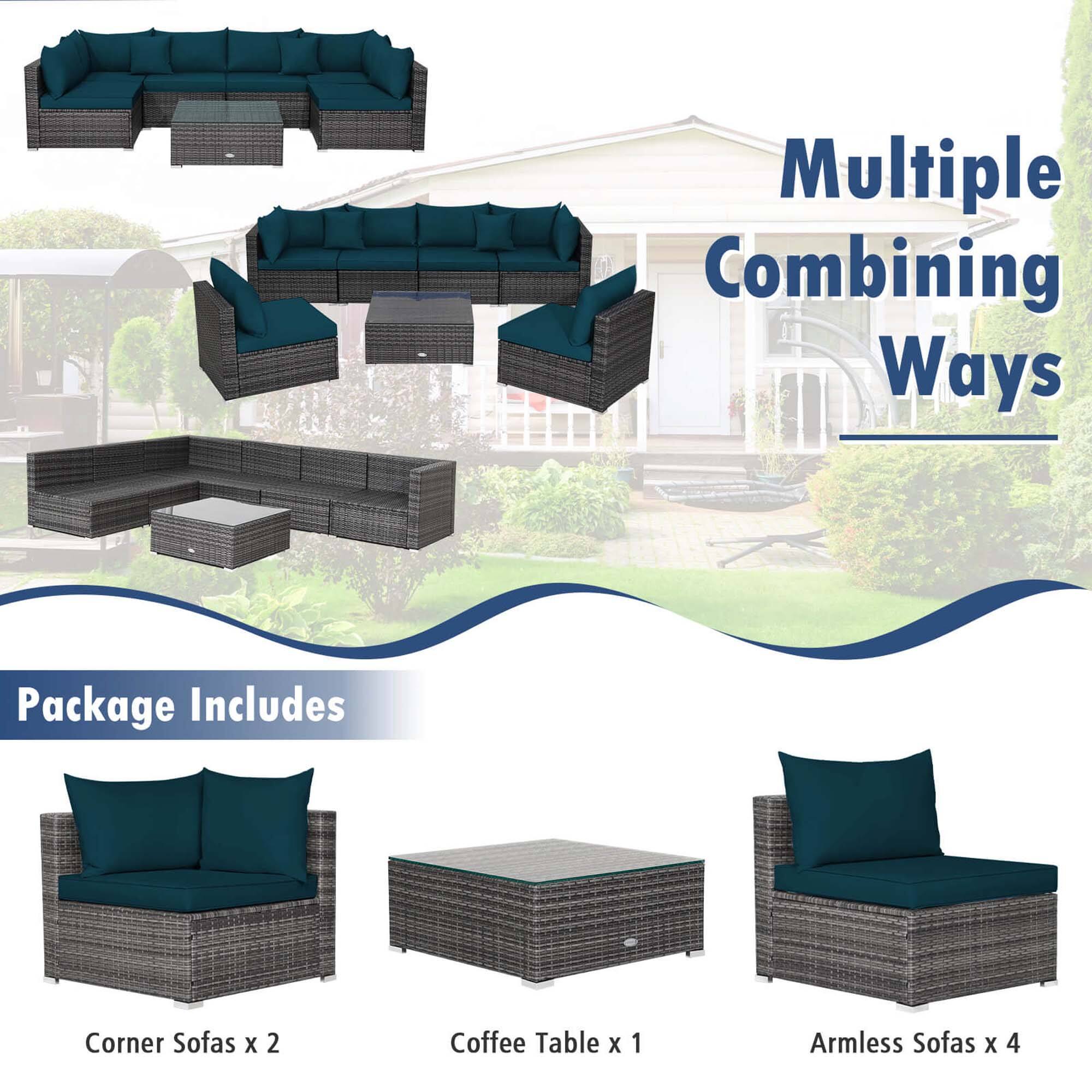 The image shows a variety of outdoor furniture, including couches, chairs, and tables. The text on the image reads "Multiple Combining Ways Package Includes Corner Sofas X 2 Coffee Table X 1 Armless Sofas X 4." This suggests that the package offers a combination of different furniture pieces that can be used together to create a cohesive outdoor seating area. The package includes two corner sofas, one coffee table, and four armless sofas, providing a mix of seating options for different preferences and needs.