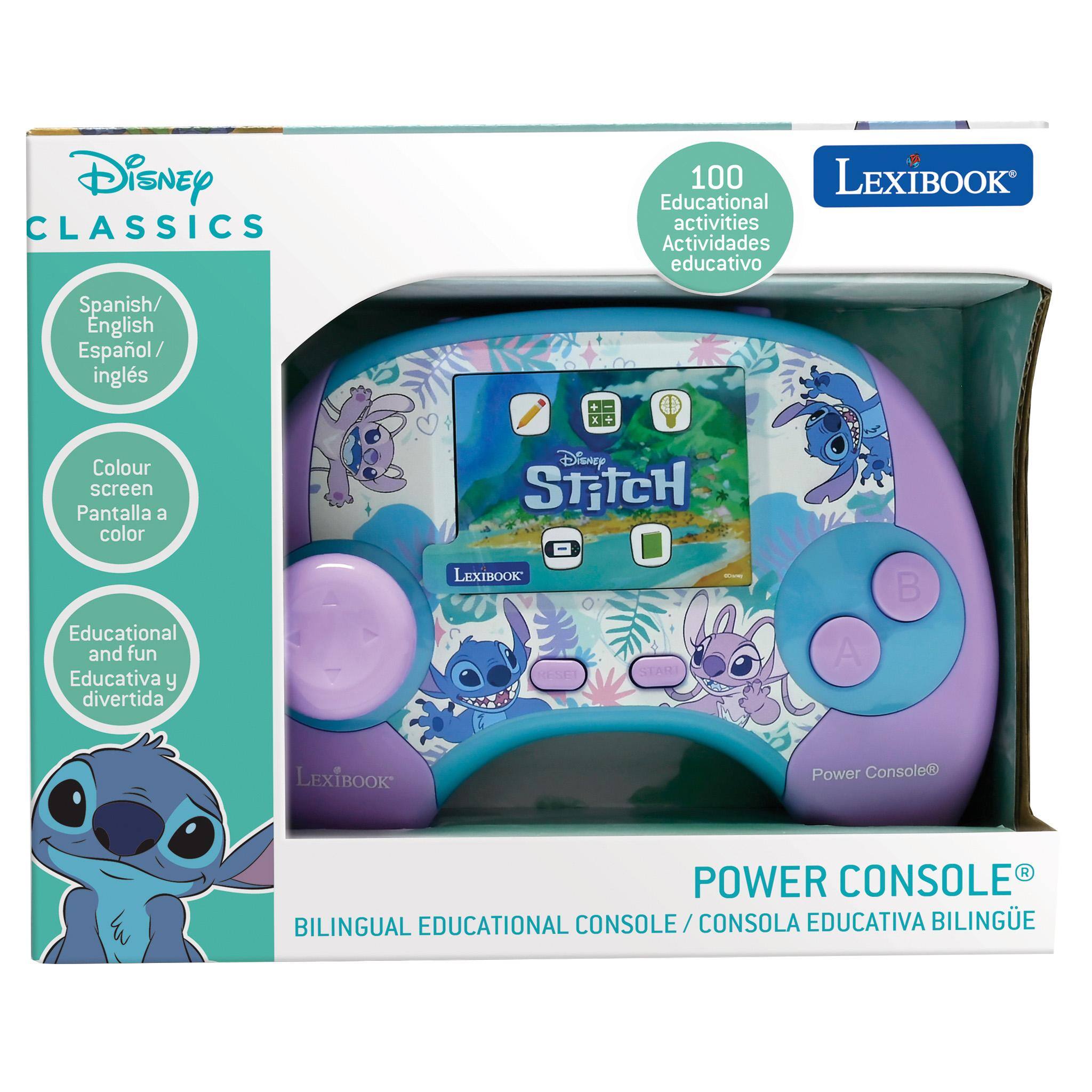Disney CLASSICS  
100 LEXIBOOK Educational activities  
Actividades educativo  
Spanish/ English  
Español/ inglés  
Colour screen  
Pantalla a color  
Educational and fun  
Educativa y divertida  

Disney STITCH  
LEXIBOOK  
POWER CONSOLE  
BILINGUAL EDUCATIONAL CONSOLE/CONSOLA EDUCATIVA BILINGÜE