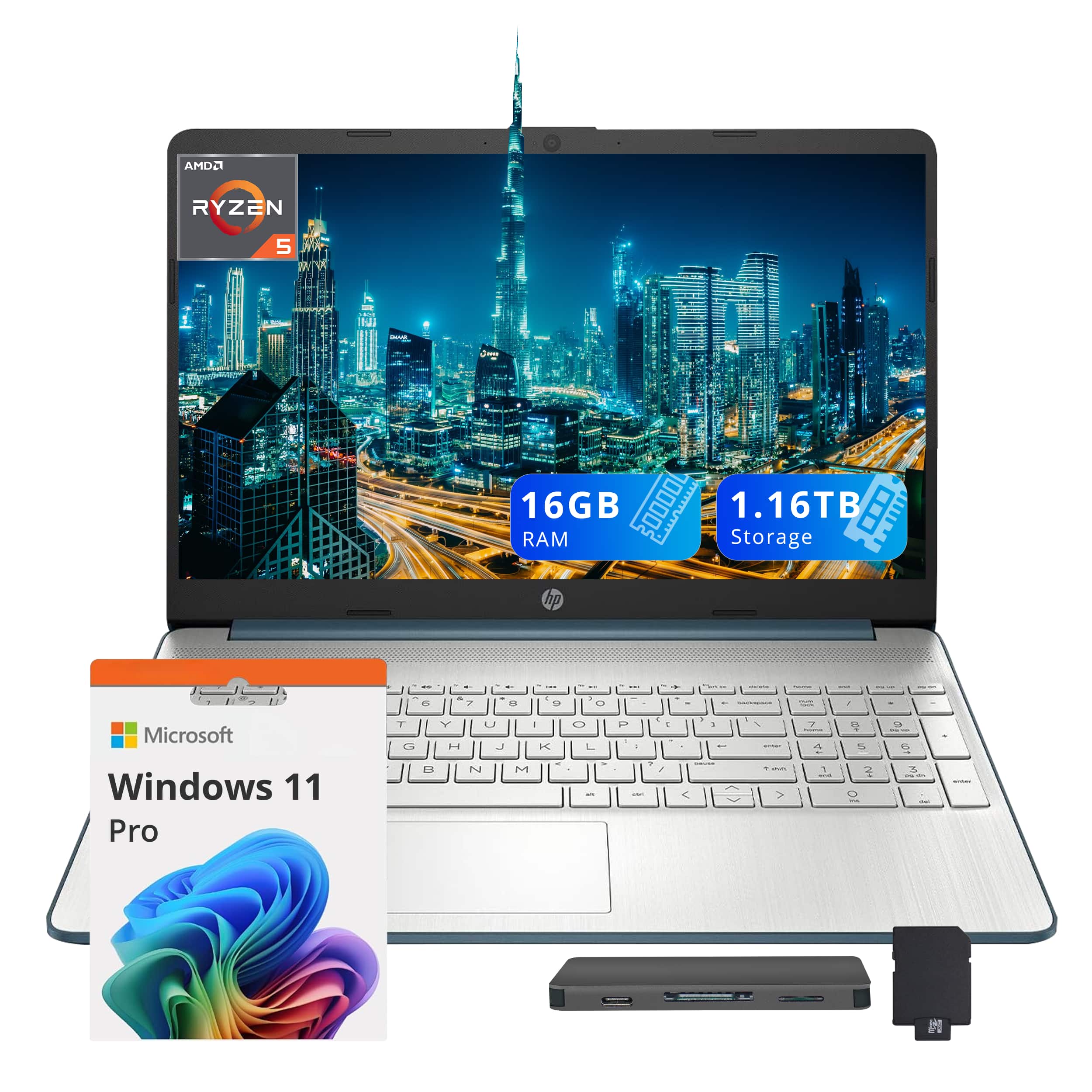 HP - 15.6" FHD Laptop,AMD Ryzen 5-5500U,16GB RAM,1TB SSD+160GB Docking Station Set,AMD Radeon Graphics,Win 11 Pro - Blue