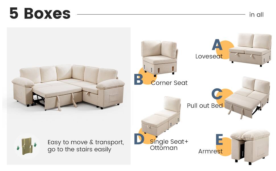 5 Boxes in all

A. Loveseat  
B. Corner Seat  
C. Pull out Bed  
D. Single Seat + Ottoman  
E. Armrest

Easy to move & transport, go to the stairs easily