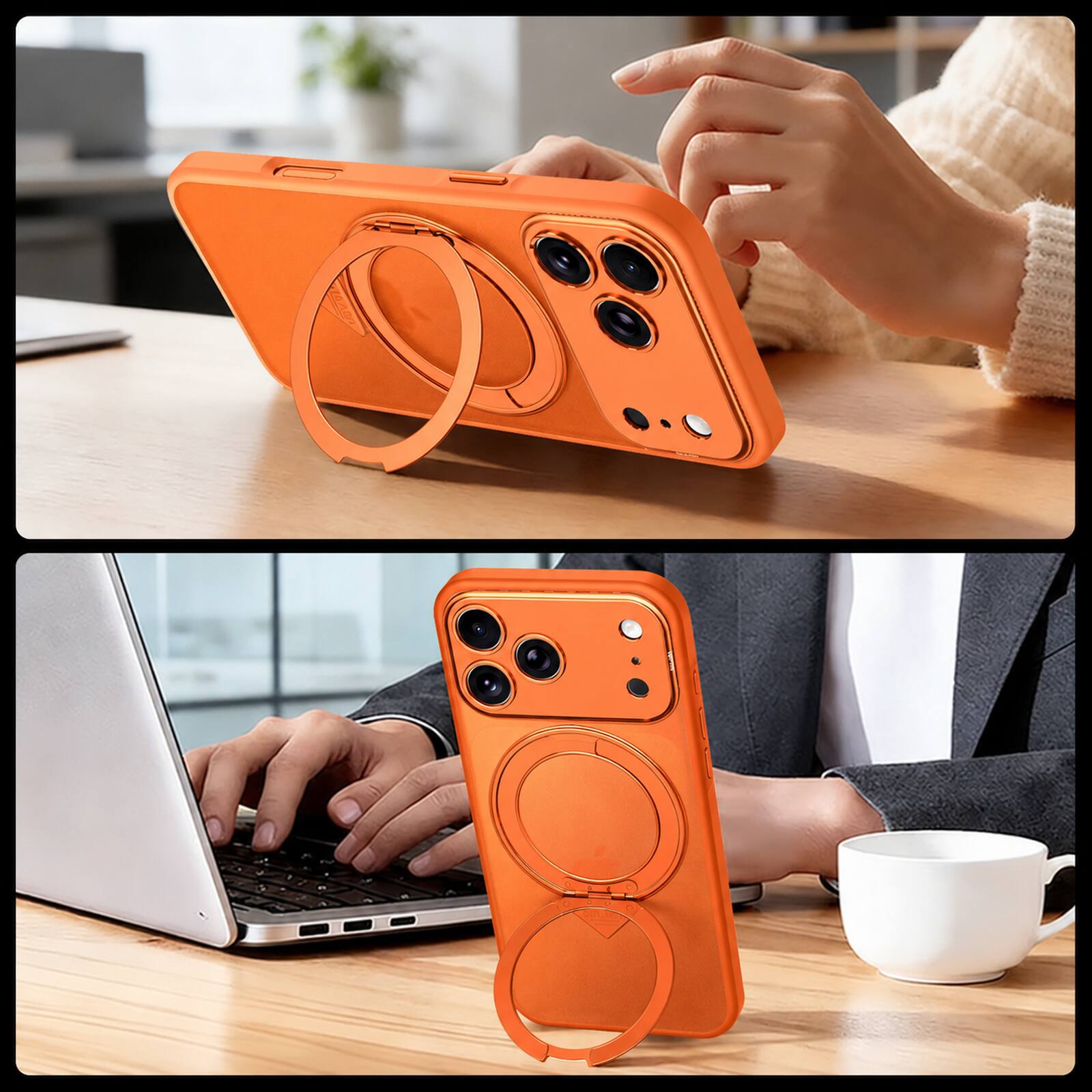 Alt View 1. Dteck - For iPhone 18 Pro Max Matte Rugged Case Compatible With Magsafe Accessories,Shockproof Ring Kickstand Hard PC+TPU Cover - Orange.