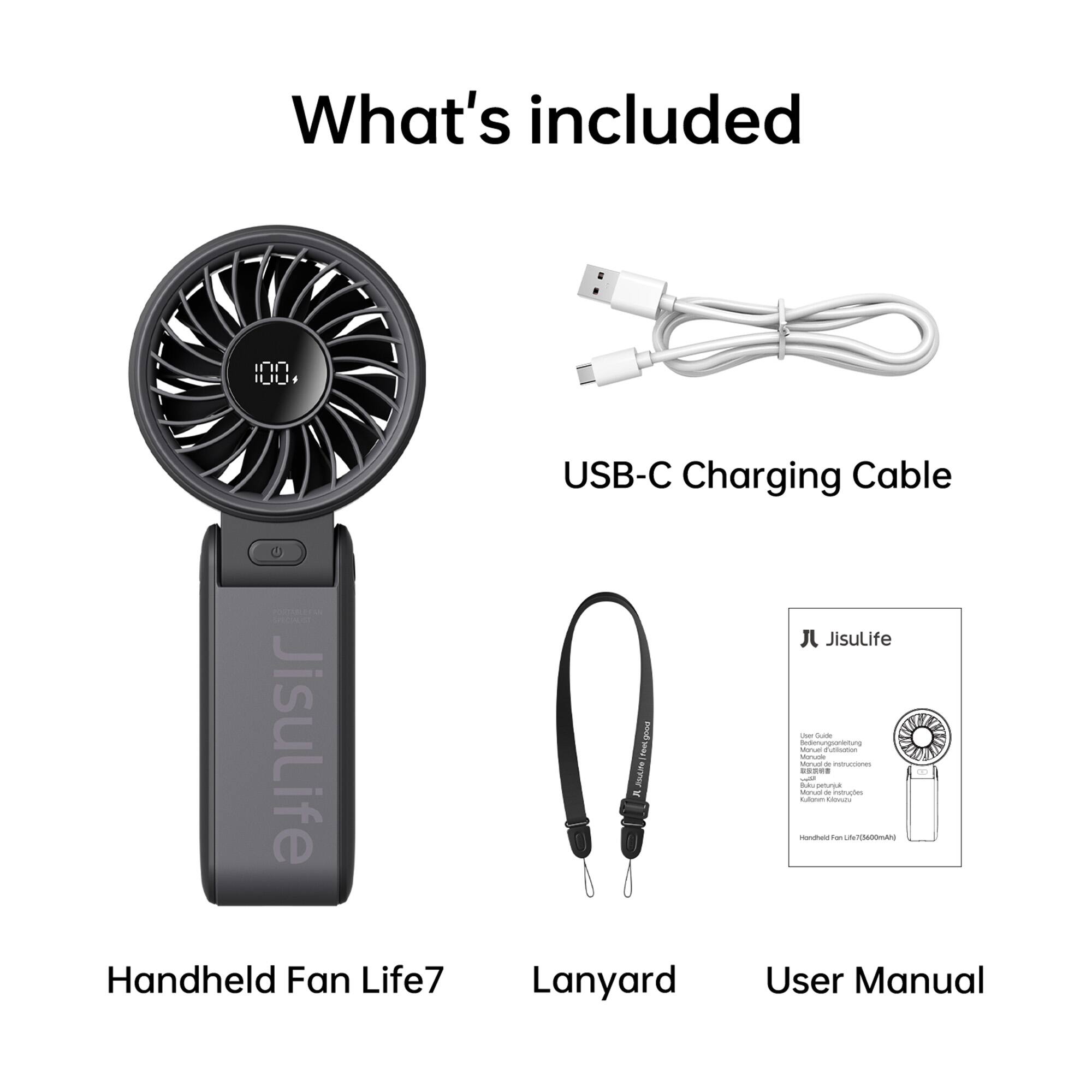 What's included

- IUL USB-C Charging Cable
- Jisulife Handheld Fan Life7
- Lanyard
- User Manual