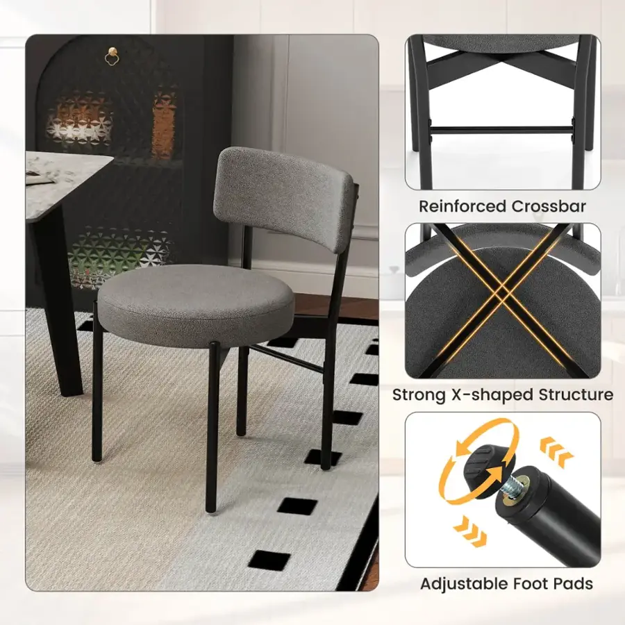 The image shows a chair with a reinforced crossbar, strong X-shaped structure, and adjustable foot pads.