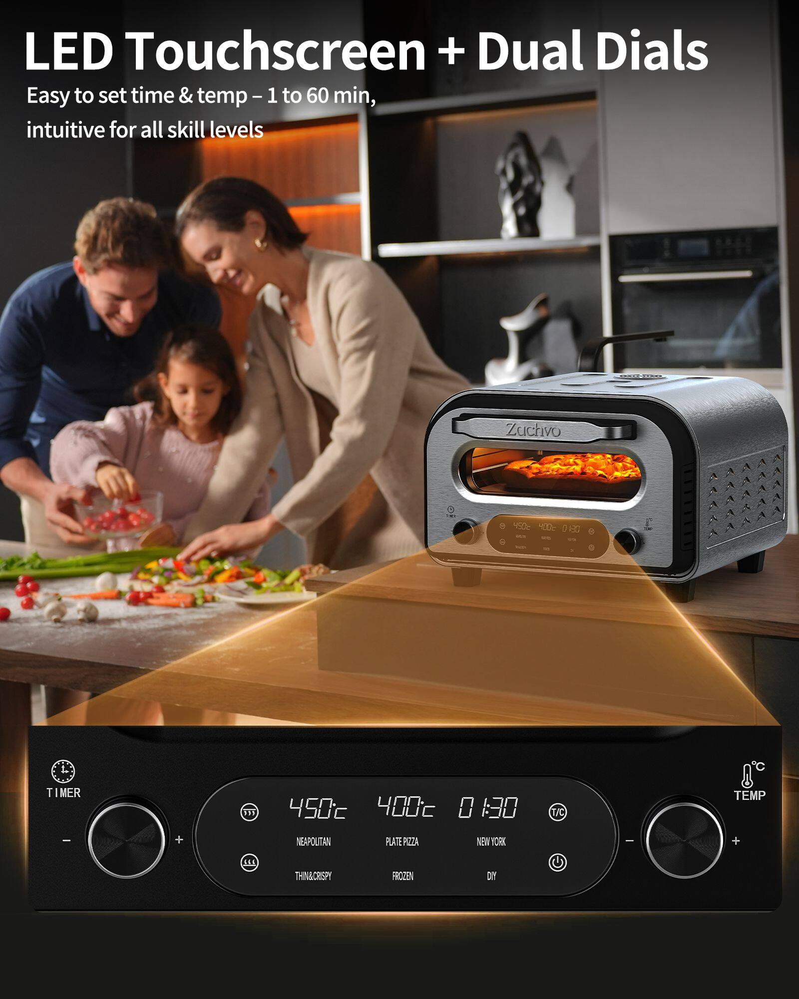 ZACHVO Electric Pizza Oven – 450°C, 5 Presets, 1 60 Min Timer