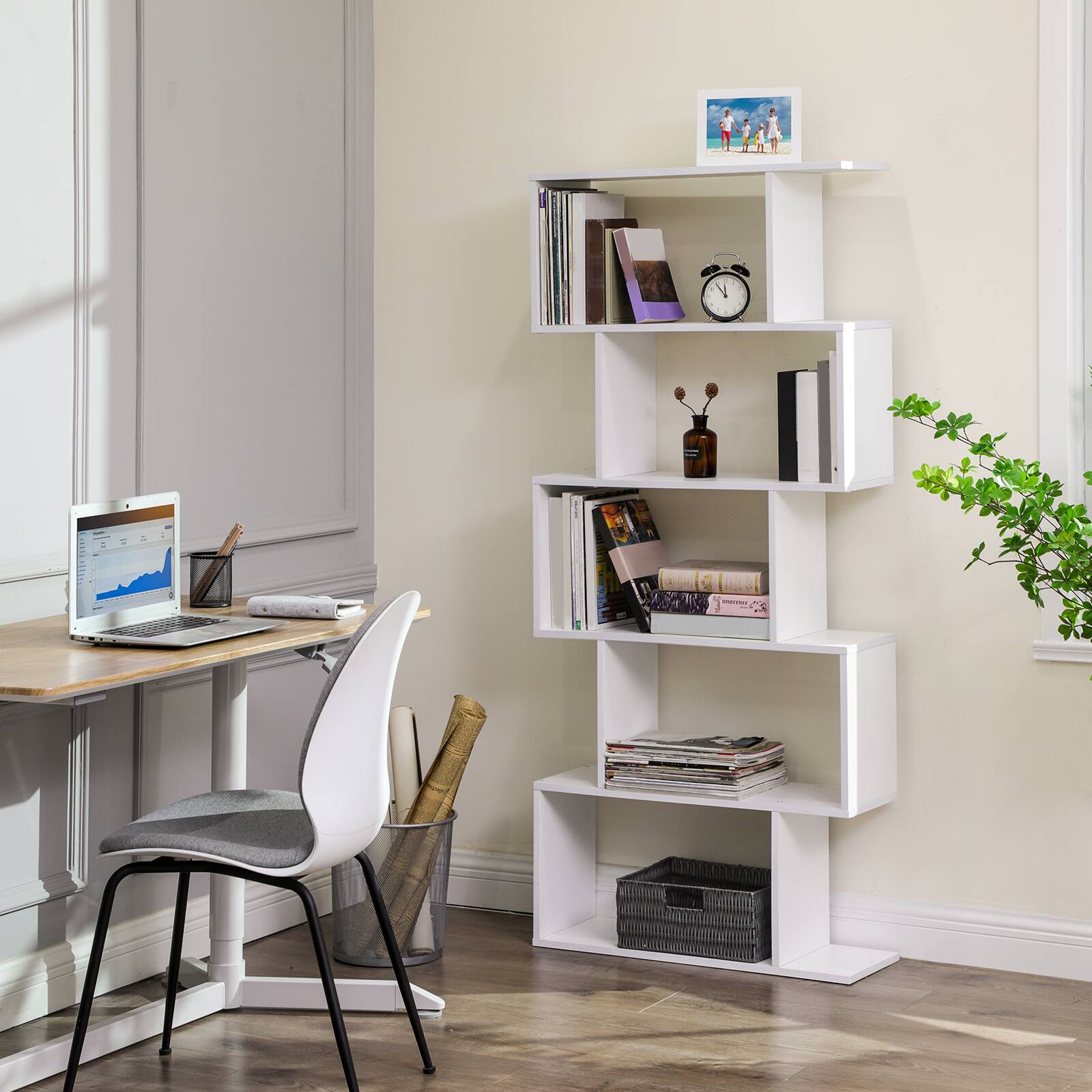 Angle. Songmics Home - Wooden Bookcase, 5-Tier Display Shelf and Room Divider, Freestanding Decorative Storage Shelving Bookshelf - White.