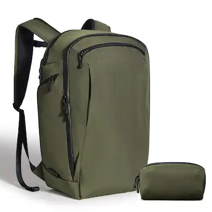 Front. ALPAKA - Traverse Backpack 30L & Flight Pouch Pro Bundle,16" Laptop Travel Backpack with Quick-Access Passport Pocket - Green Axoflux 400D Ripstop Nylon.